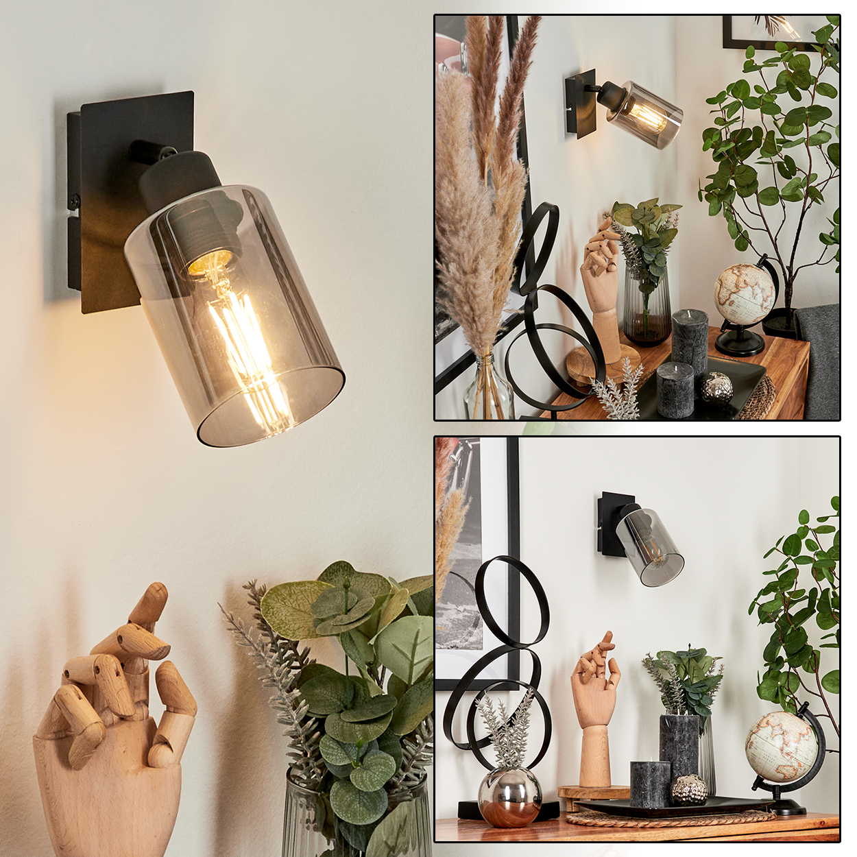 Eine Wandleuchte mit rauchglaszylinder und sichtbarer Glühbirne.