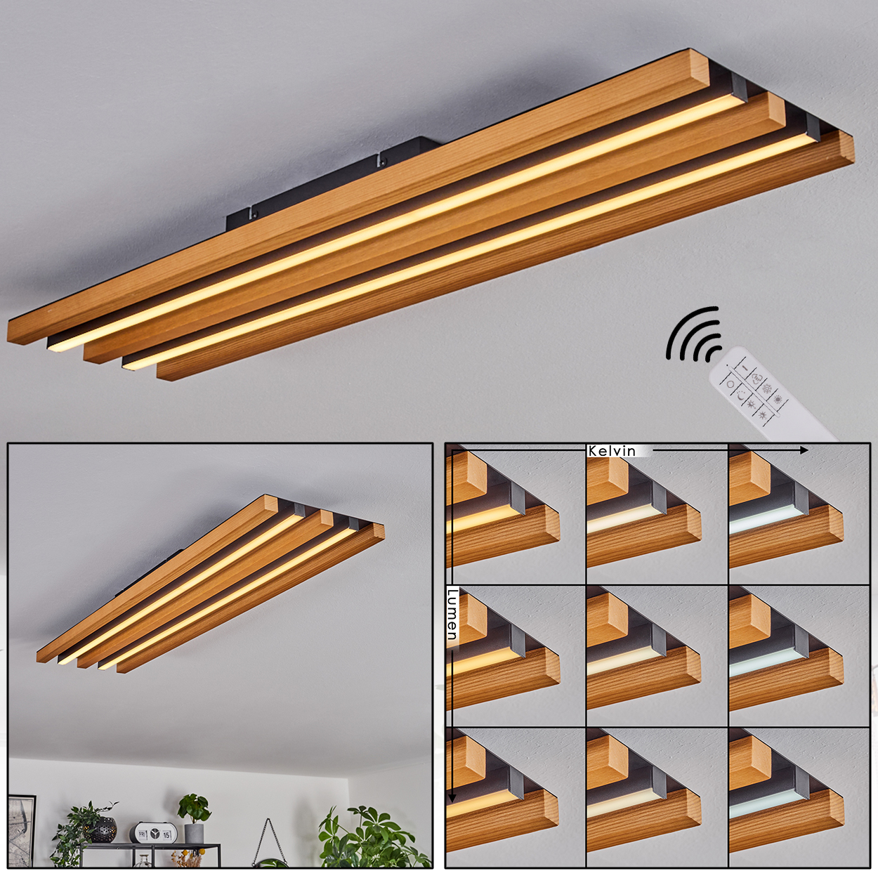 Deckenleuchte mit Holzlamellen und integrierten LED-Streifen, inkl. Fernbedienung.