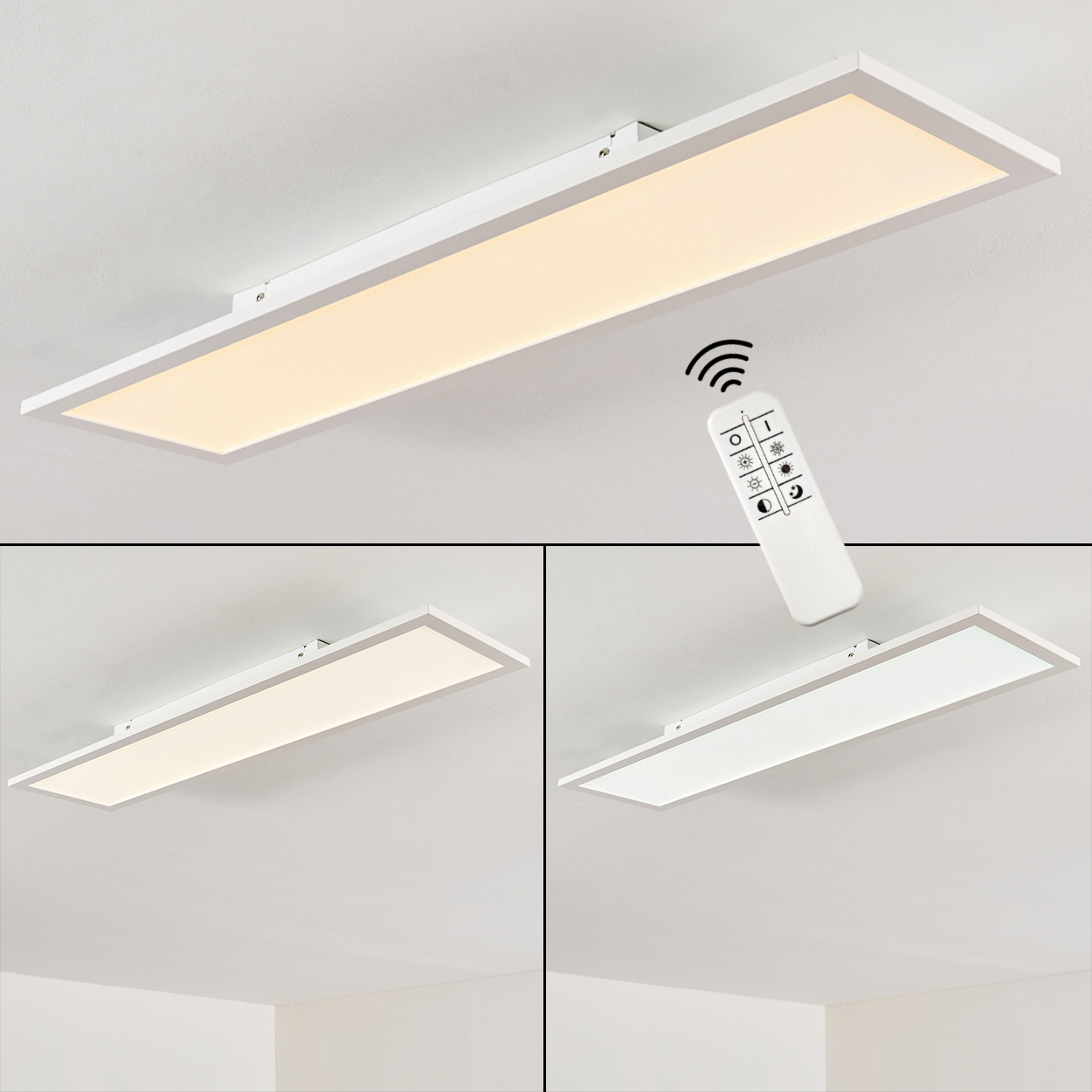 Eine weiße Deckenleuchte mit Fernbedienung in drei verschiedenen Lichtfarben.