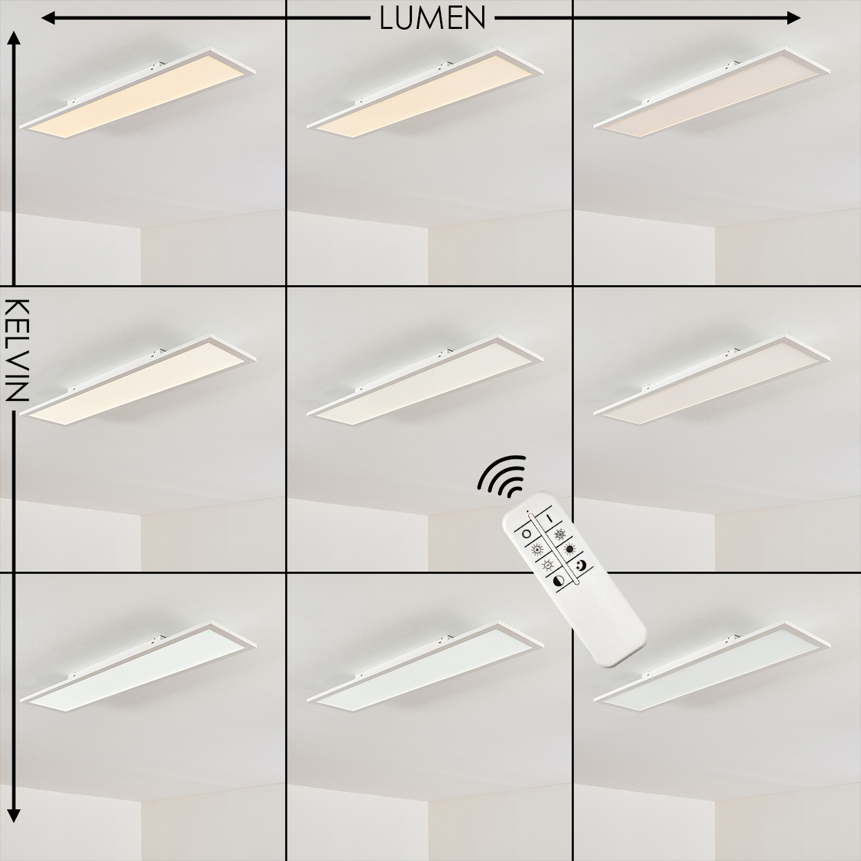 Deckenleuchte mit Fernbedienung, verschiedene Helligkeits- und Farbtemperatureinstellungen.