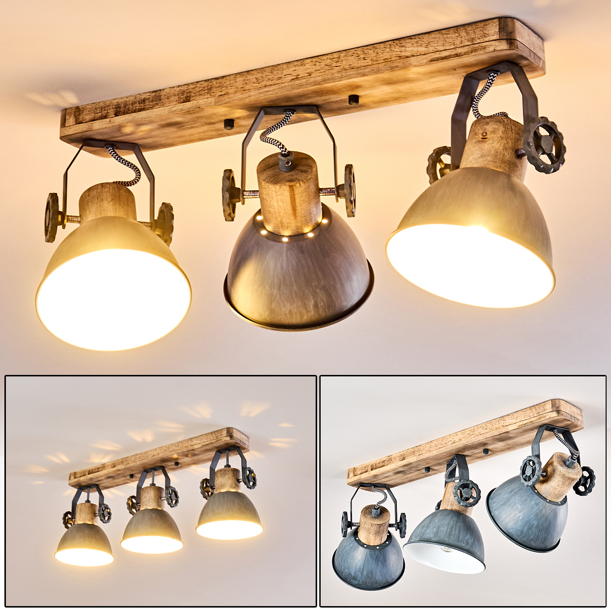 Holz-Deckenleuchte mit drei verstellbaren Metallschirmen und Holzelementen.
