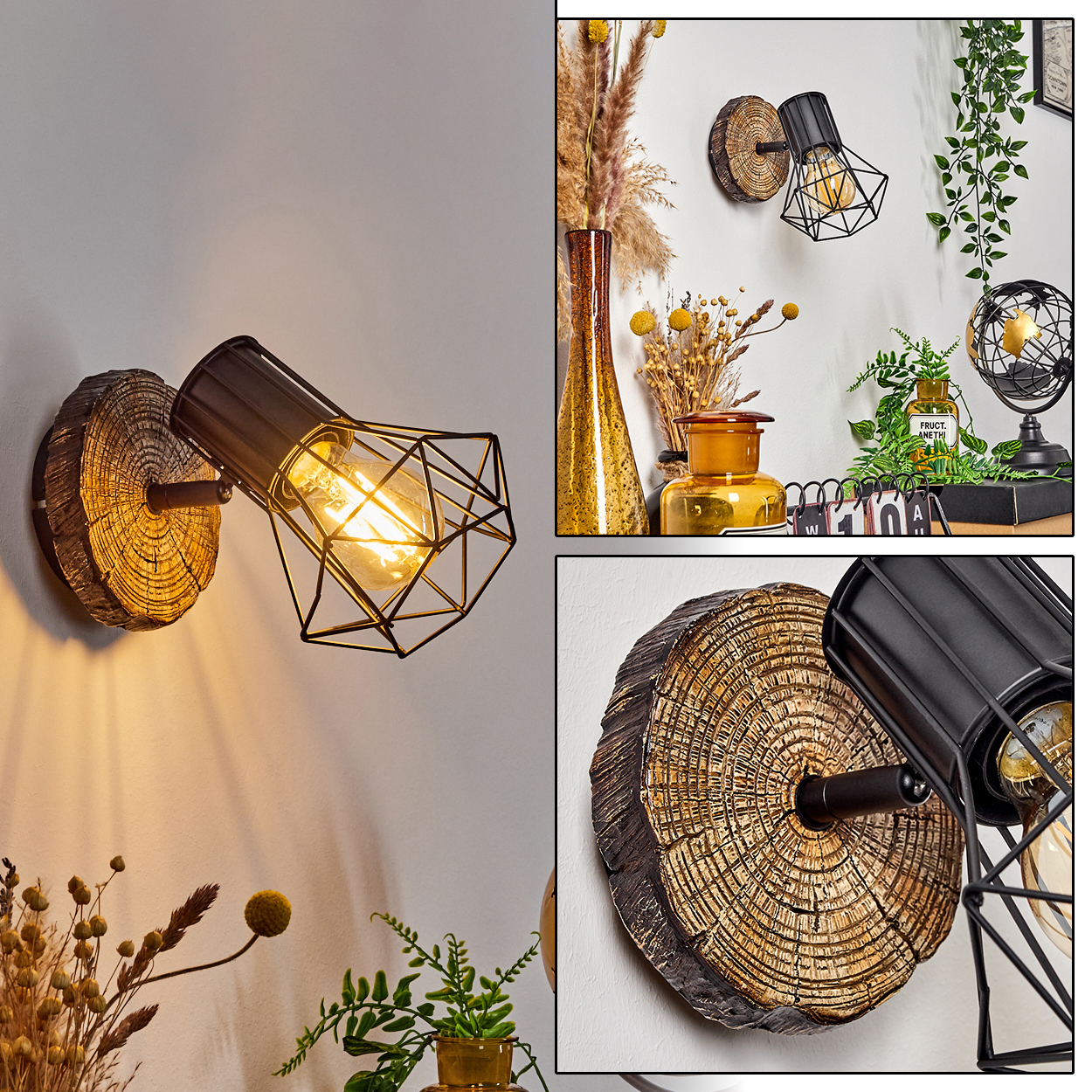Wandleuchte mit Holzsockel, schwarzem Metallschirm und sichtbarer Glühbirne.