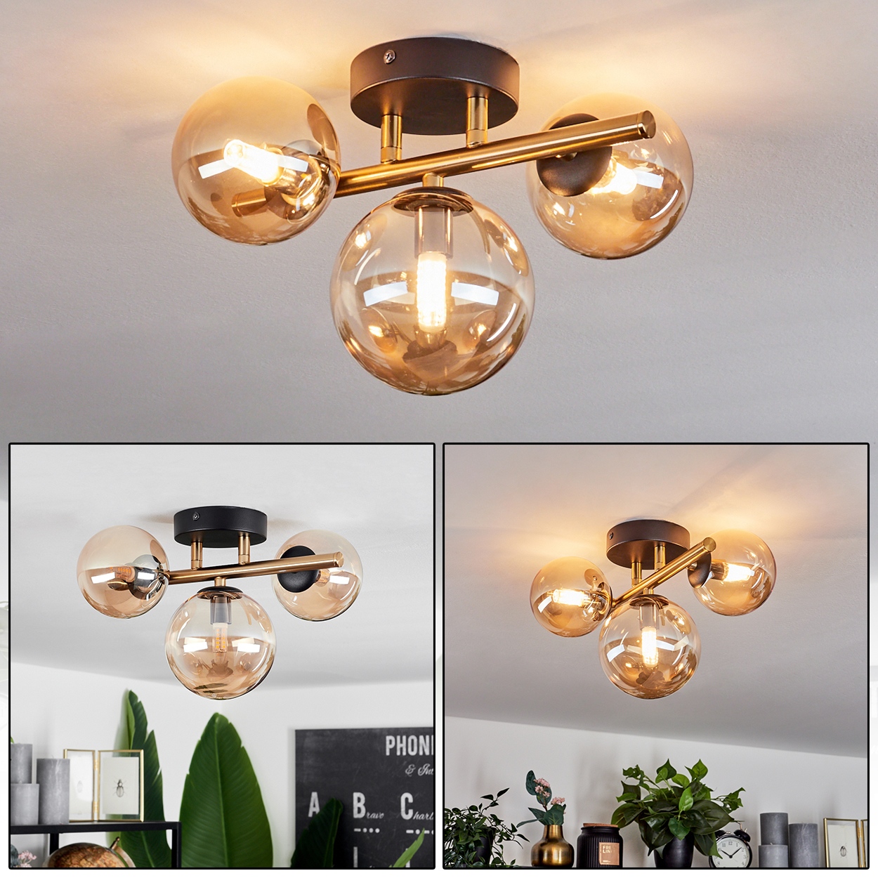 Moderne Deckenleuchte mit drei bernsteinfarbenen Glaskugeln und goldfarbenem Gestell.