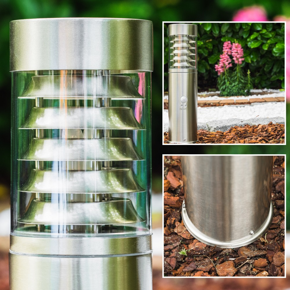 Edelstahl-Gartenleuchte mit Glaszylinder und mehreren Einsätzen.