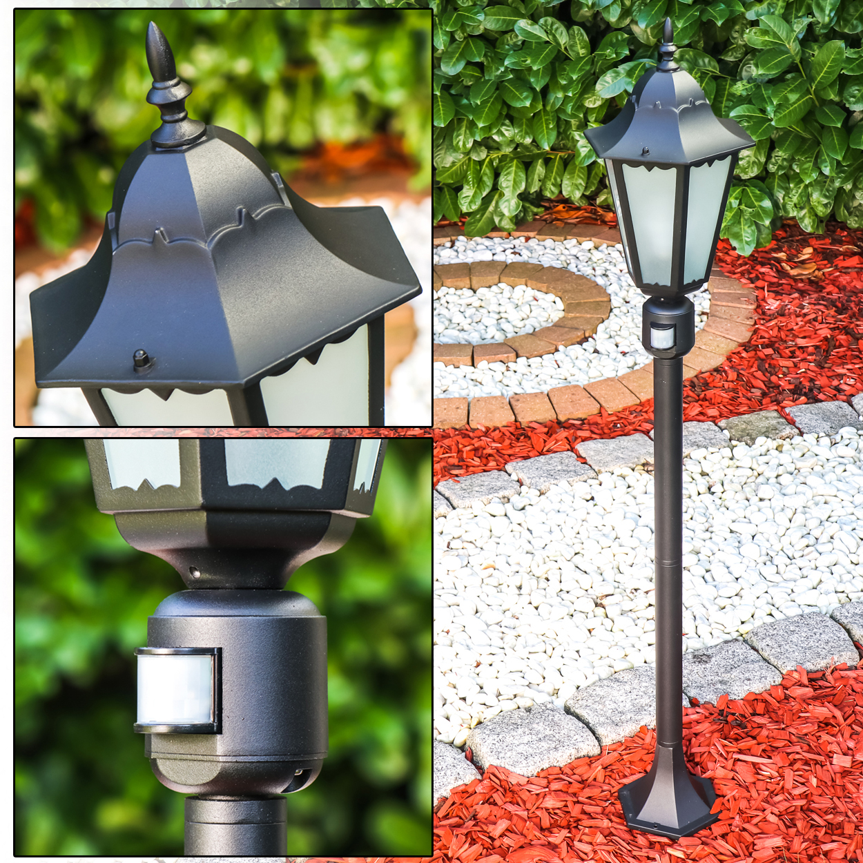 Schwarze Lampe mit Bewegungsmelder im Garten auf rotem Rindenmulch und weißen Steinen.