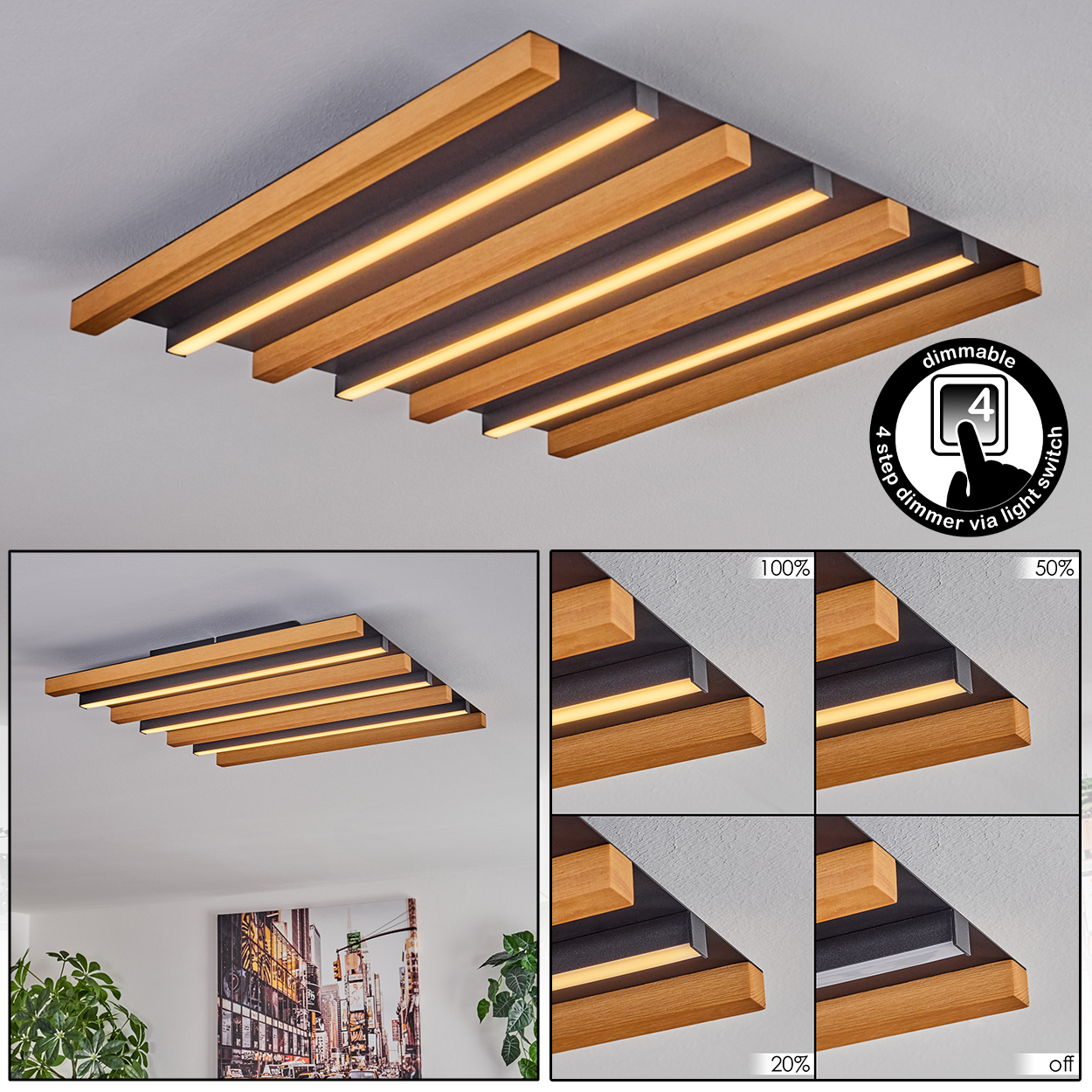 Deckenleuchte mit Holzlamellen und integrierten dimmbaren LED-Streifen.