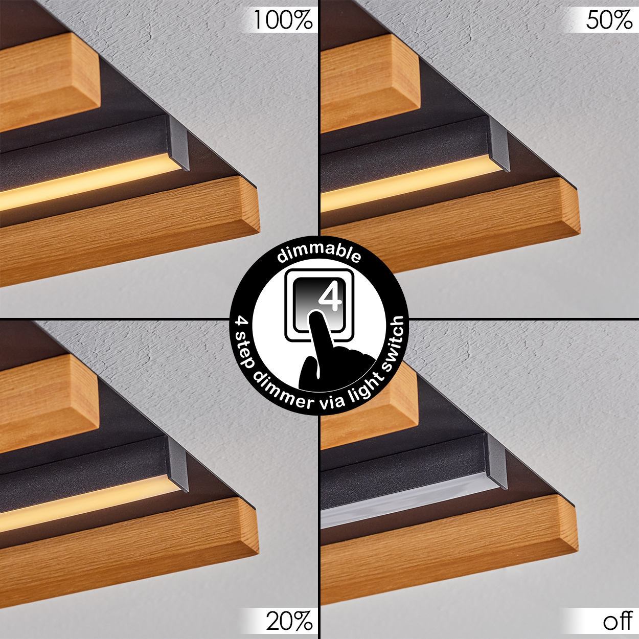 Deckenleuchte mit Holzdetail, 4 Helligkeitsstufen: 100%, 50%, 20%, aus