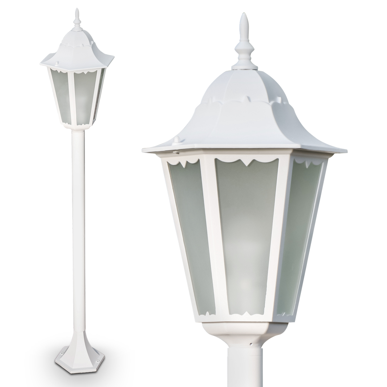 Zwei weiße Außenlampen auf weißem Hintergrund, eine ganz, eine nah.