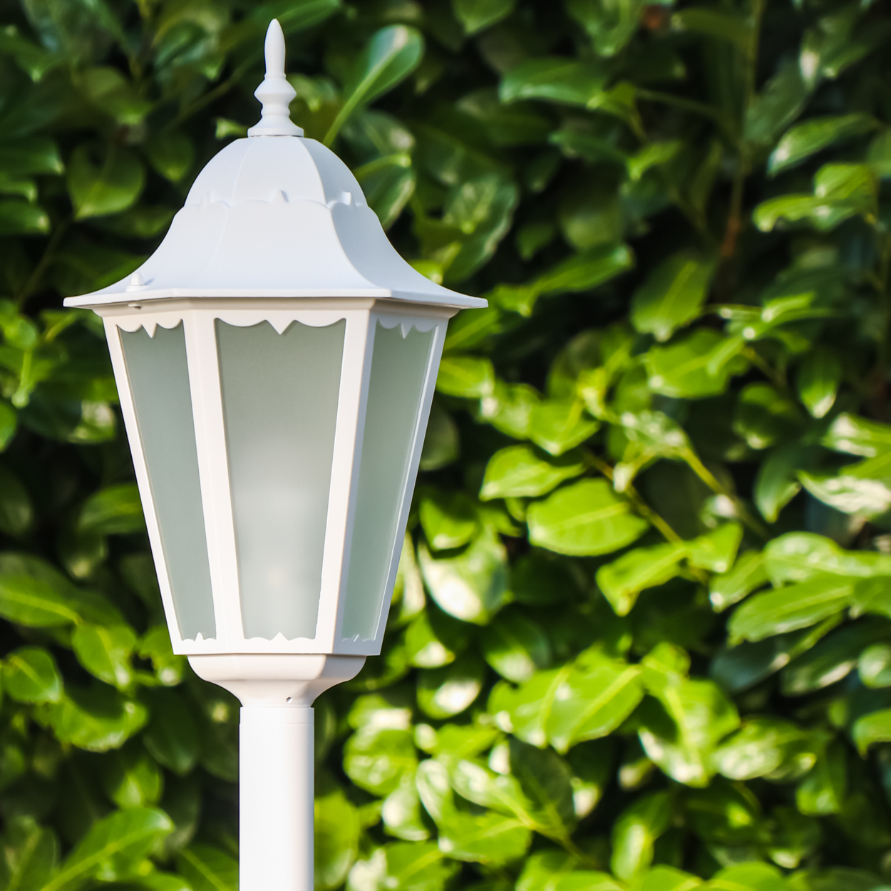 Eine weiße Lampe steht vor einem Hintergrund aus grünen Blättern.