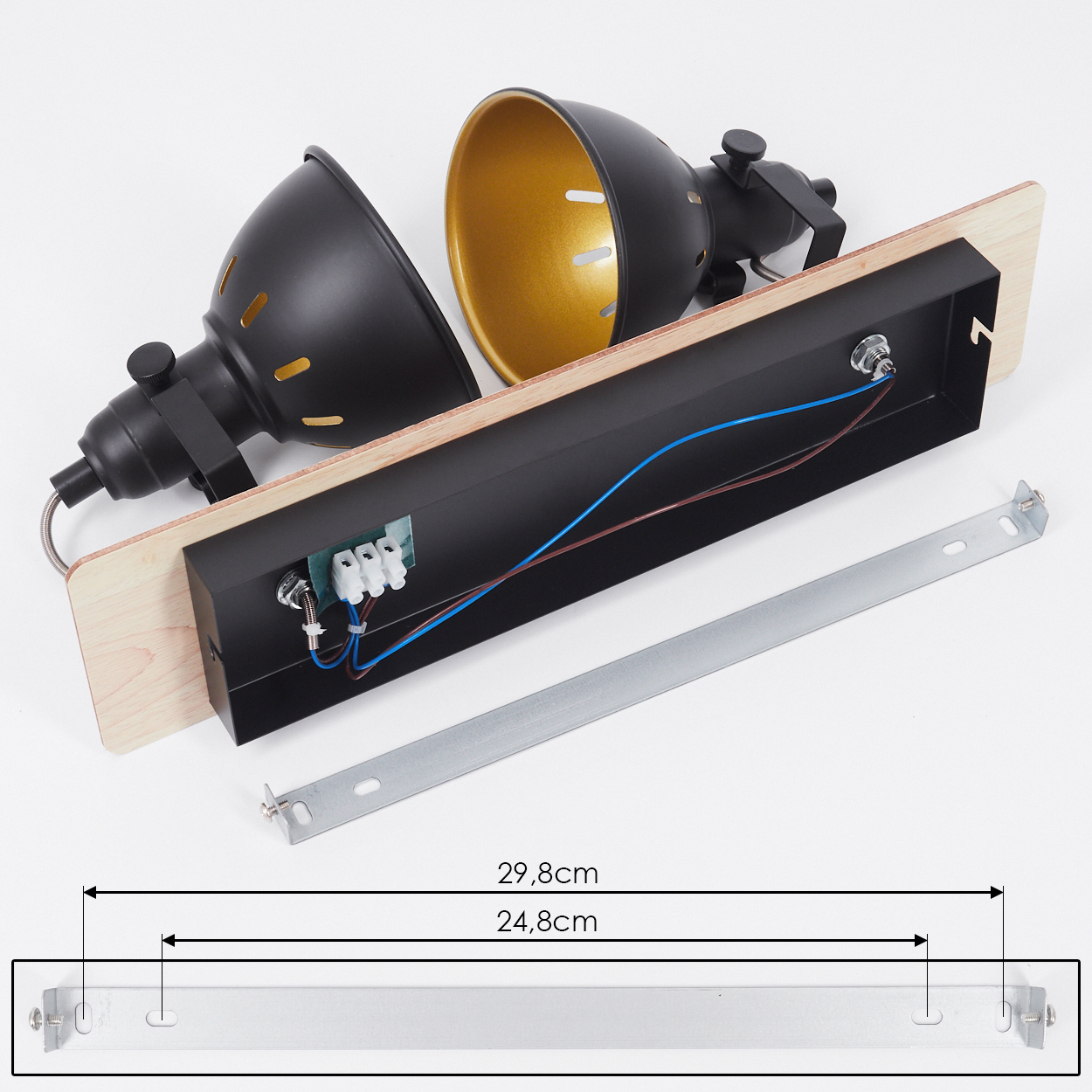 Schwarzer Lampenkorpus mit Holzrückseite, Kabel und Montagebügel.
