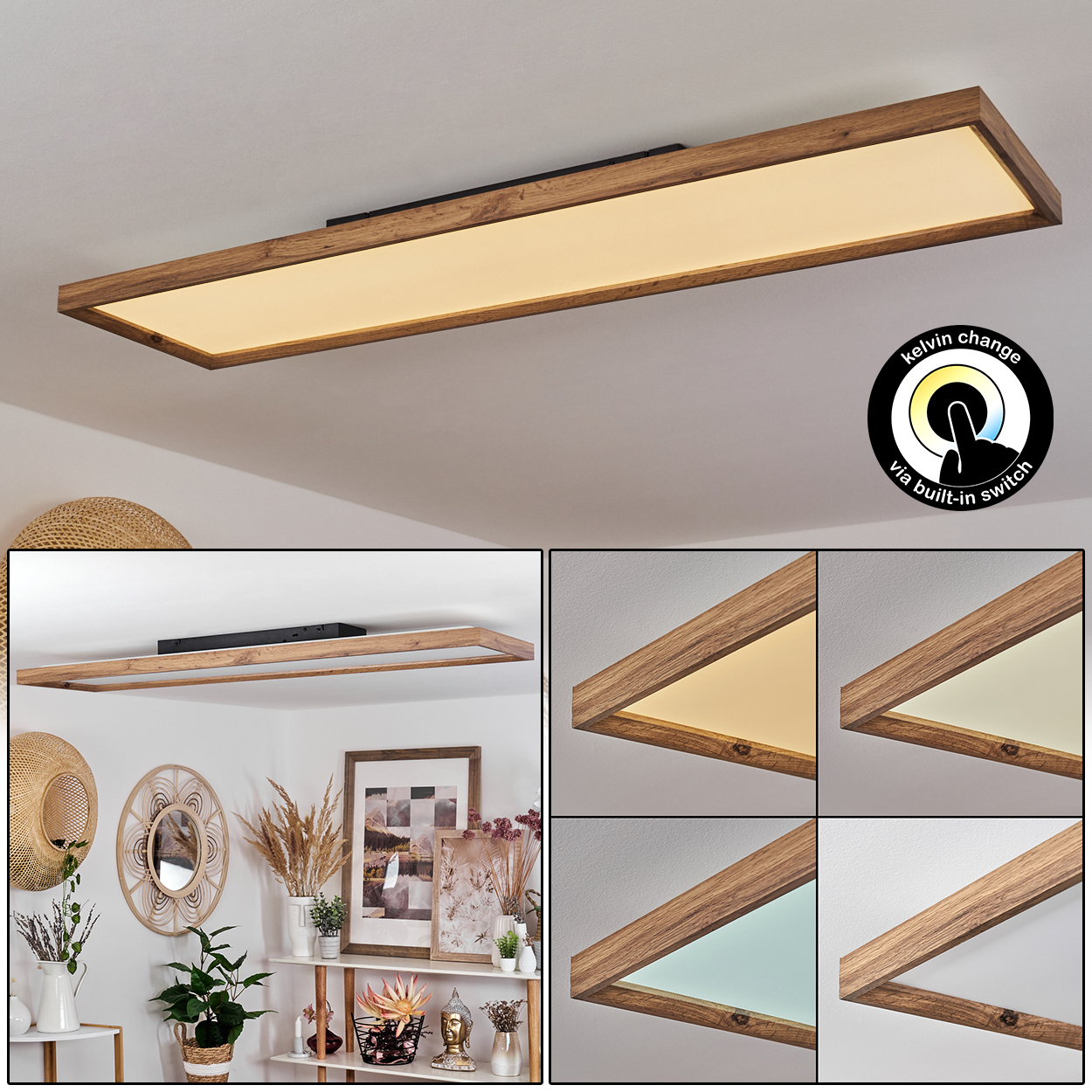 Deckenleuchte mit Holzrahmen und einstellbarem Lichtfarbton.
