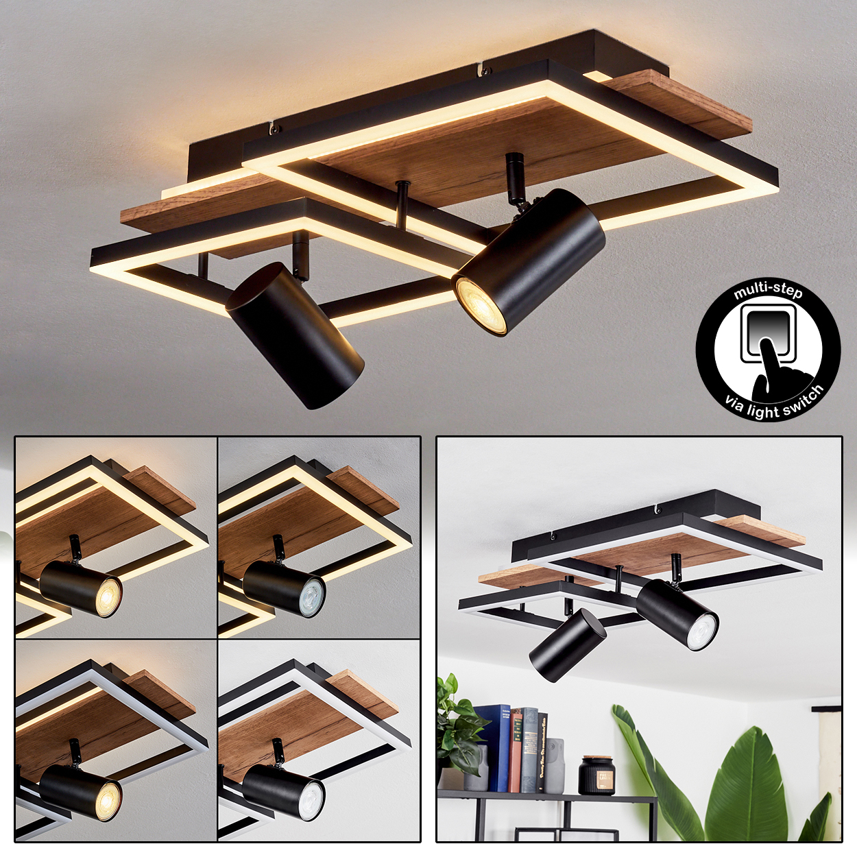 Moderne Deckenleuchte mit Holz und LED. Schwarze Spots.