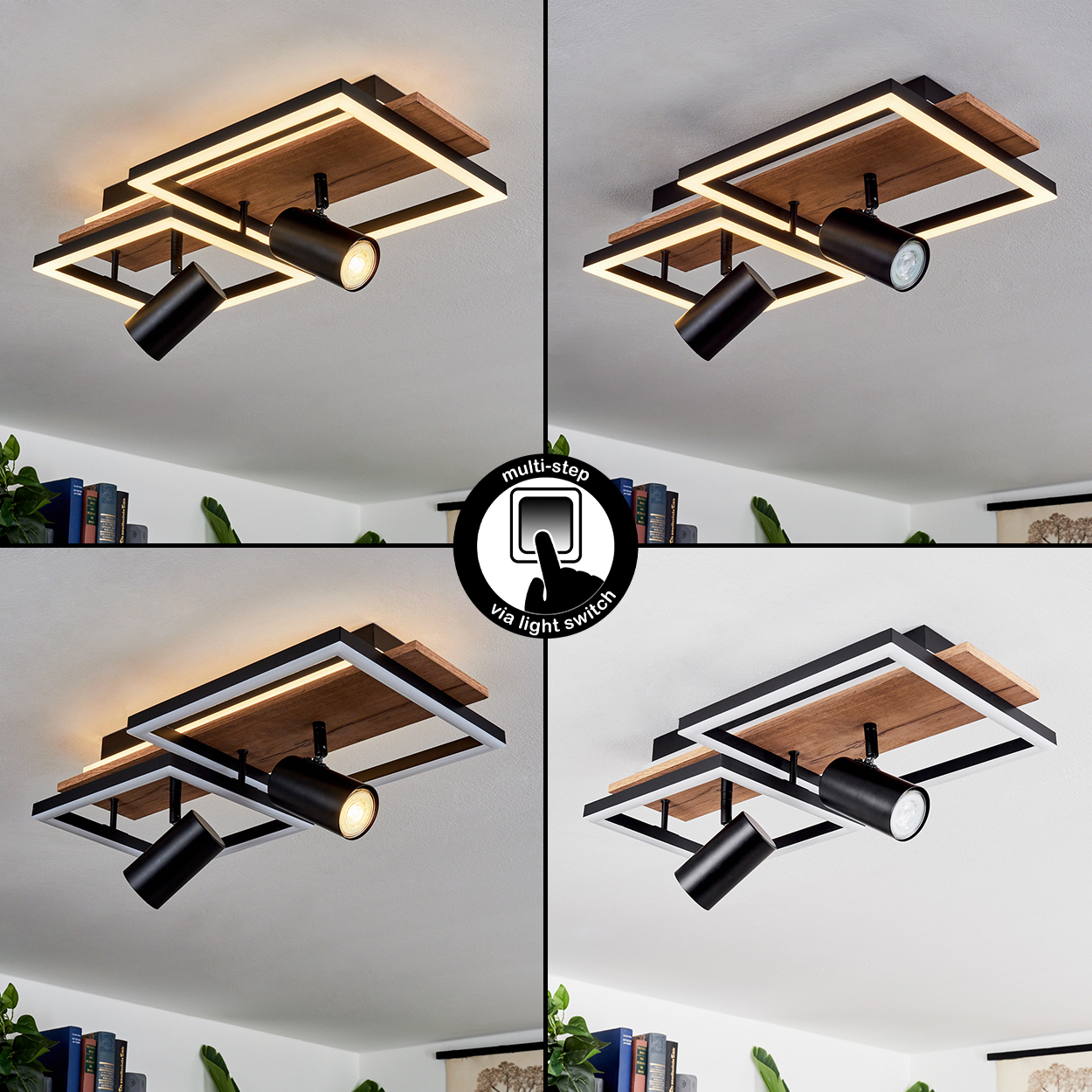 Moderne Deckenleuchte mit Holz und Metall, verstellbare Spots.