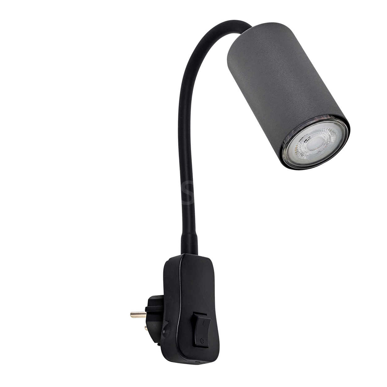 Graue Lampe mit flexiblem Arm und Schalter, weißem Licht.