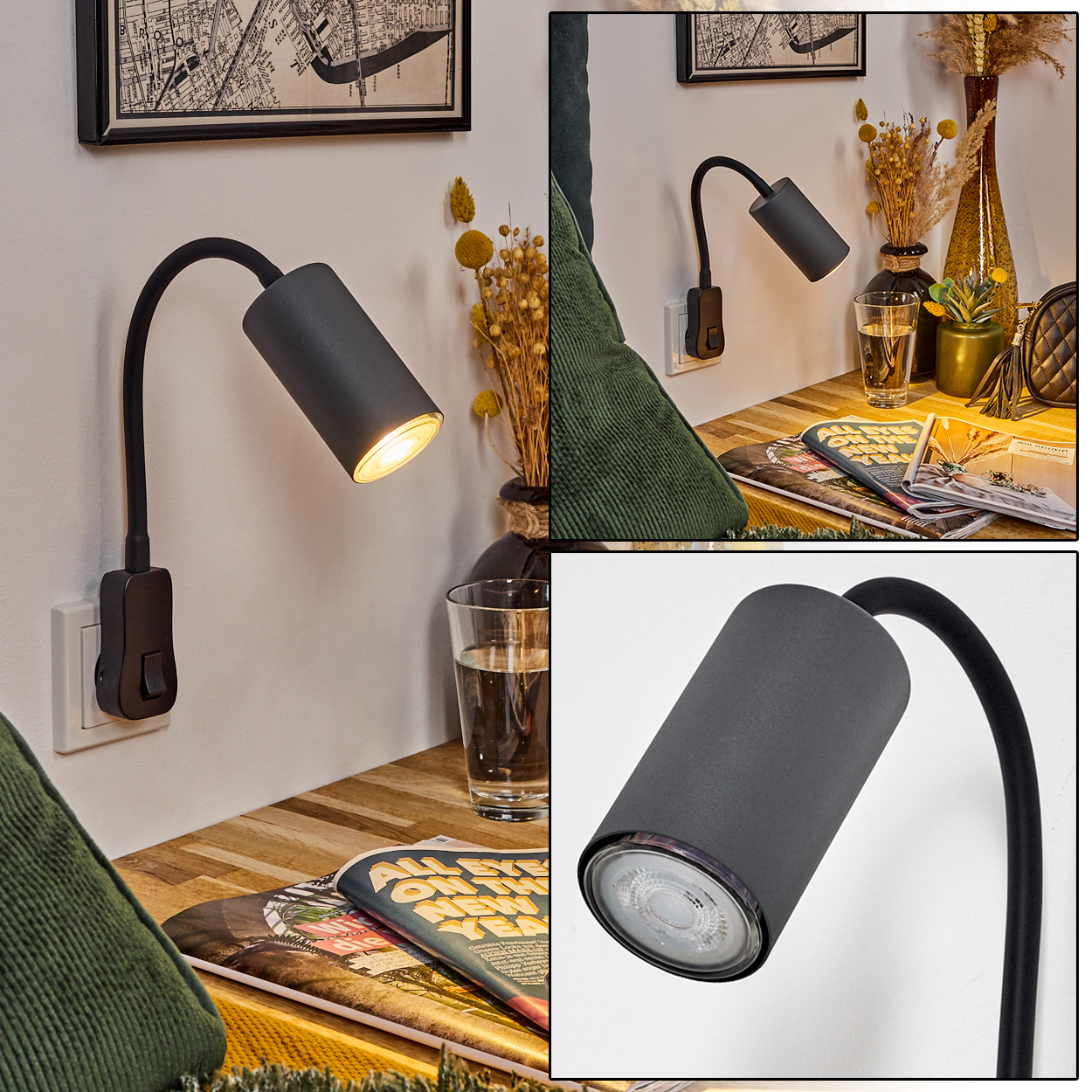 Eine schwarze Schreibtischlampe mit schwanenhals hängt an der Wand, beleuchtet Zeitschriften.