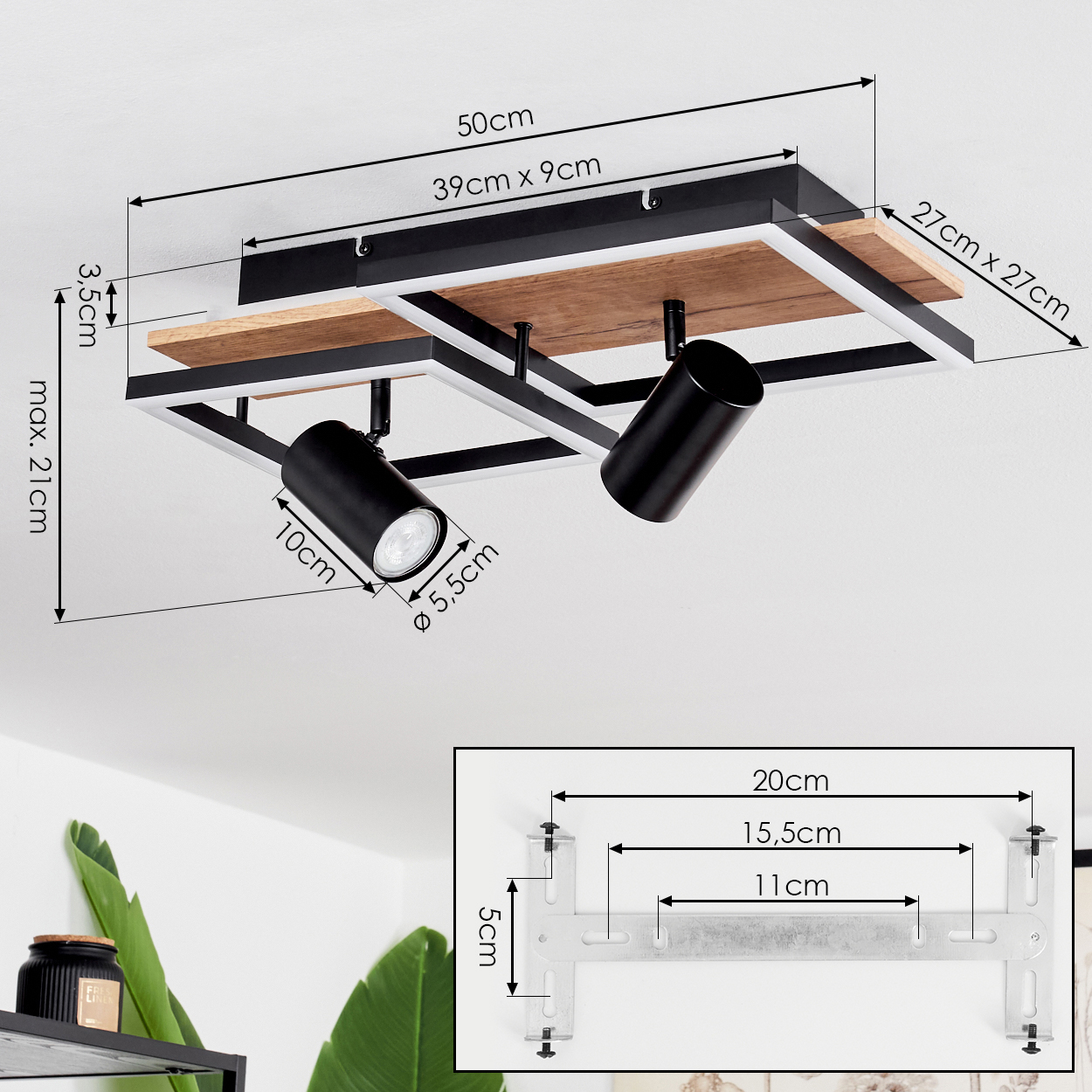 Deckenleuchte mit zwei schwarzen Spots, Holz und Metallrahmen. Maße angegeben.