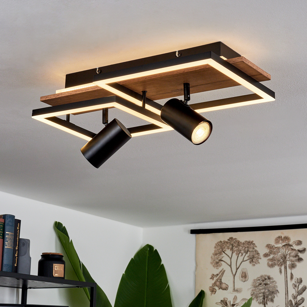 Moderne schwarze Deckenleuchte mit Holzakzenten und integrierter LED-Beleuchtung.
