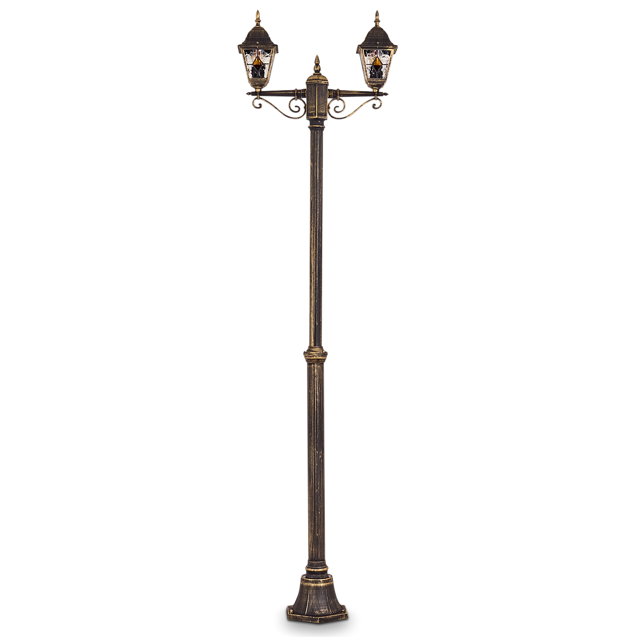 Eine antike zweiflammige Straßenlaterne aus Bronze mit detaillierten Verzierungen.