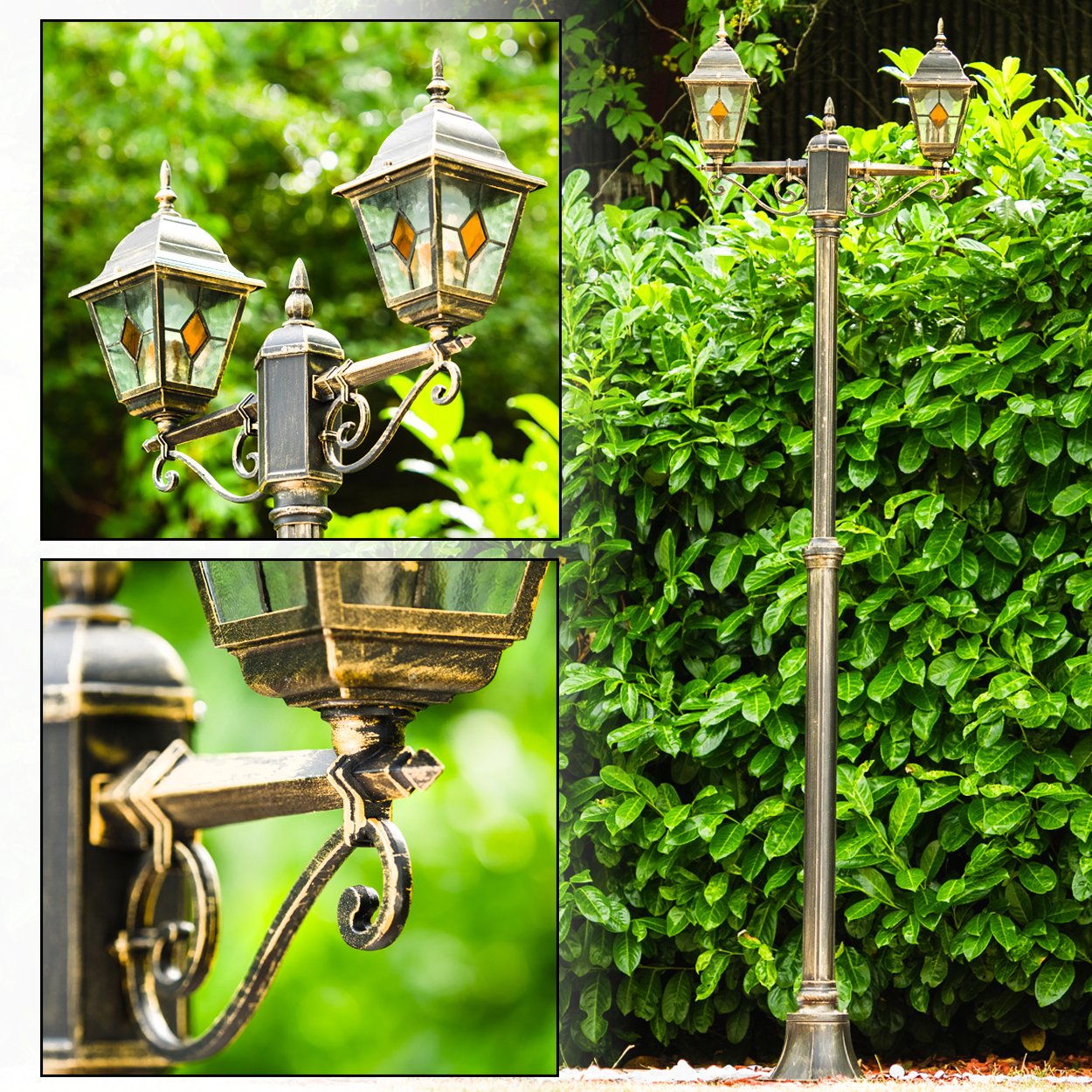 Zweigeteilter Gartenlichtmast aus Bronze mit zwei Lampen und grünen Blättern.