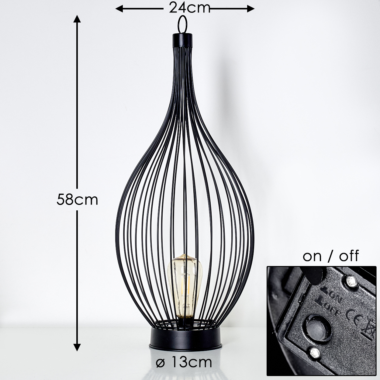 Schwarze Drahtlampe, 58cm hoch, 24cm breit, 13cm Durchmesser.