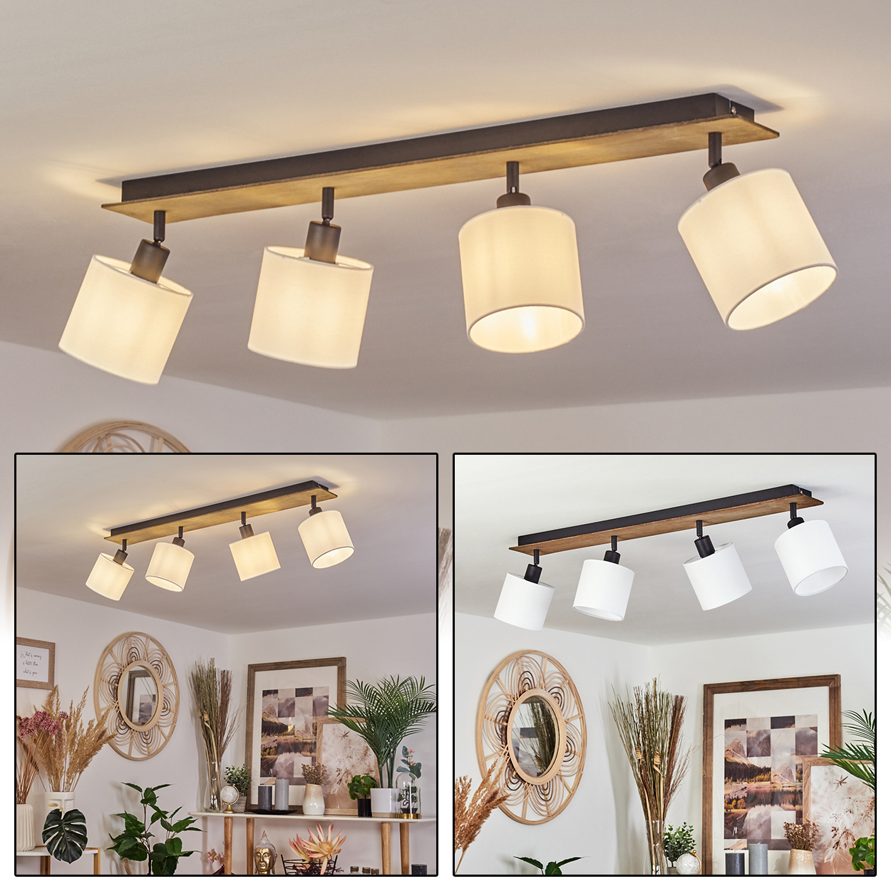 Deckenleuchte mit vier Lampenschirmen an einem Holz- und Metallbalken.