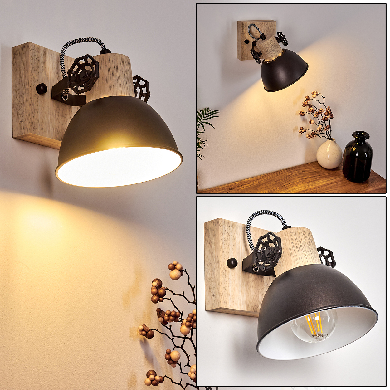 Eine Wandleuchte aus Holz und Metall mit einem verstellbaren Schirm.