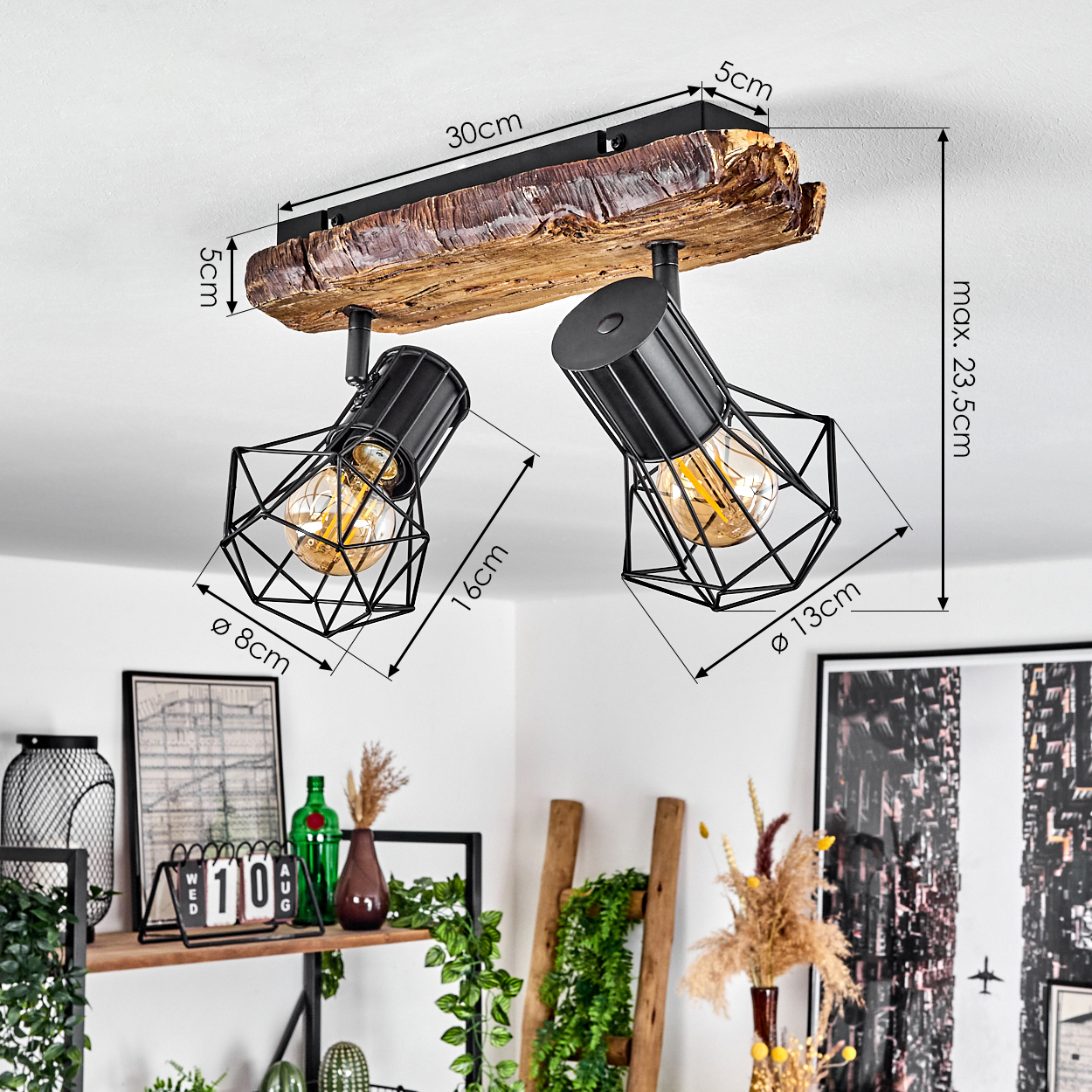 Deckenleuchte mit Holz und zwei schwarzen Metallkörben mit Glühbirnen.