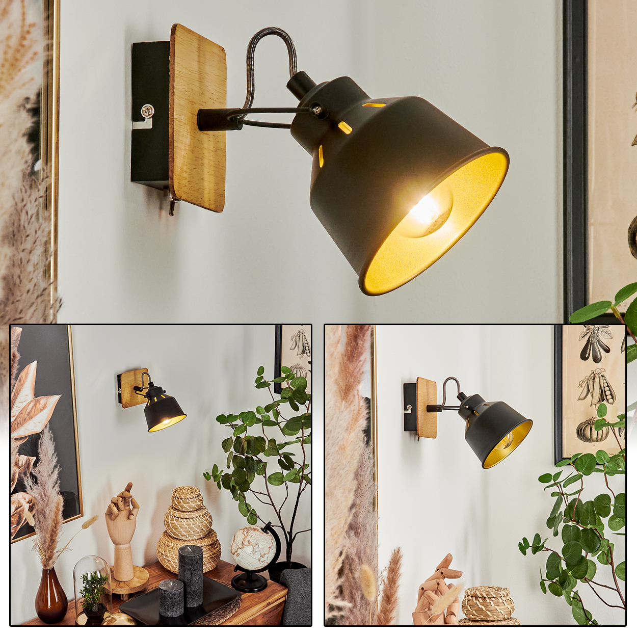 Eine schwarze Wandleuchte mit Holzdetail und goldenem Innenschirm.