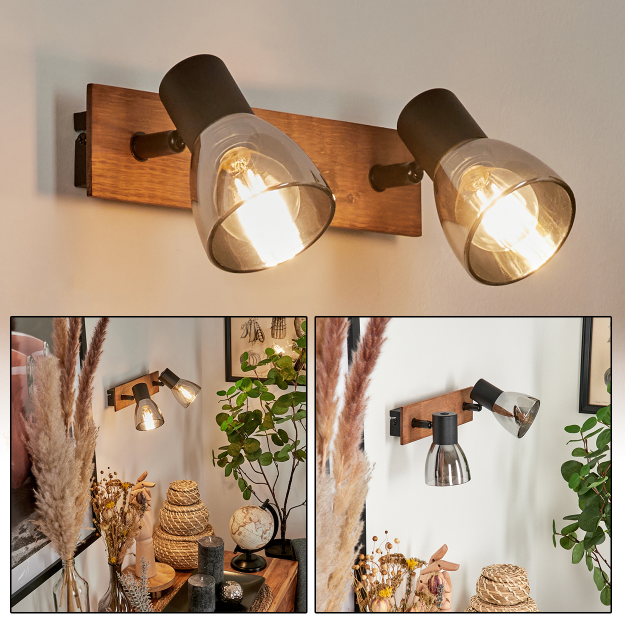 Zwei Glühbirnen-Strahler mit Holzsockel an einer Wand.