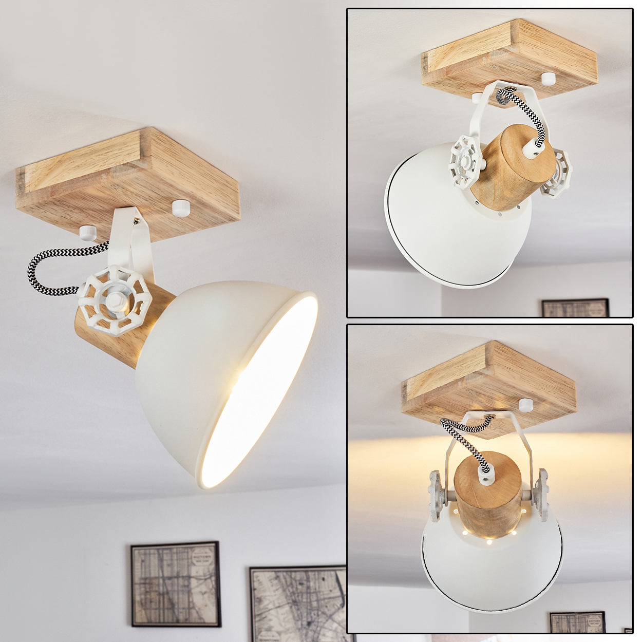 Deckenleuchte mit Holzsockel, weißem Schirm und verstellbarem Gelenk.