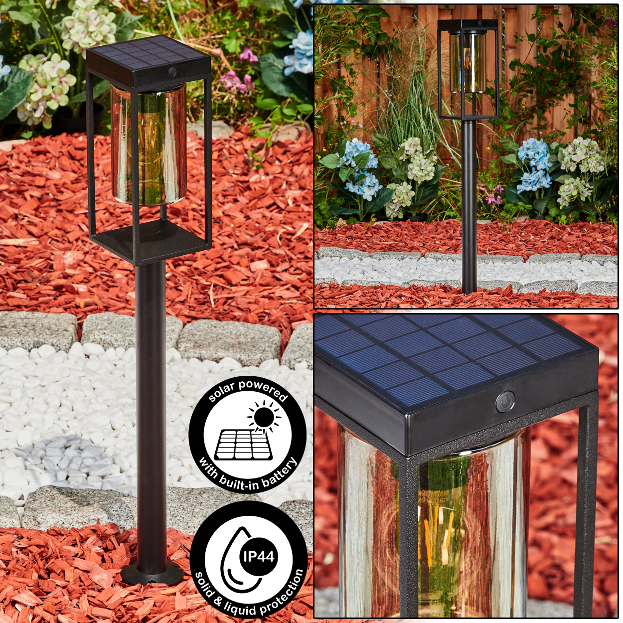 Gartenleuchte mit Solarpanel, Glaszylinder und schwarzem Metallrahmen.