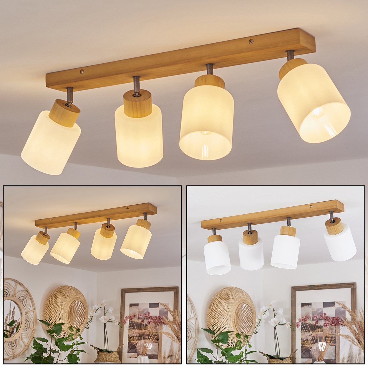 Holzdeckenleuchte mit vier Lampenschirmen aus Glas und Holz.