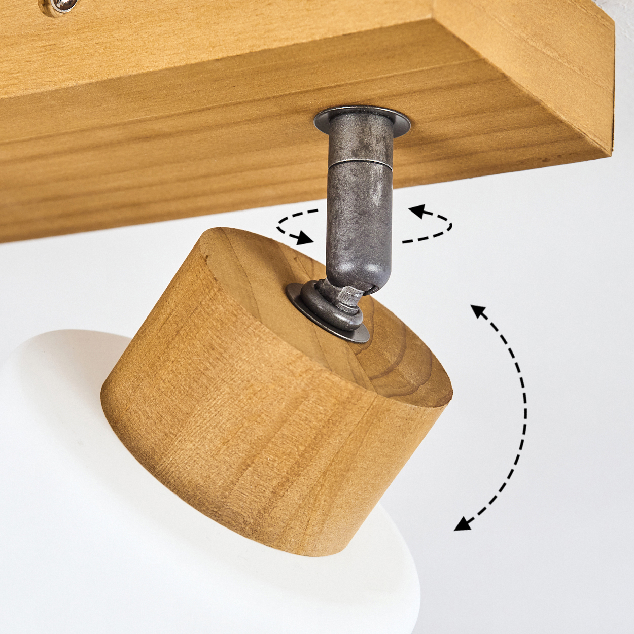 Holzlampe mit schwenkbarem Gelenk und Pfeilen, die die Bewegung anzeigen.