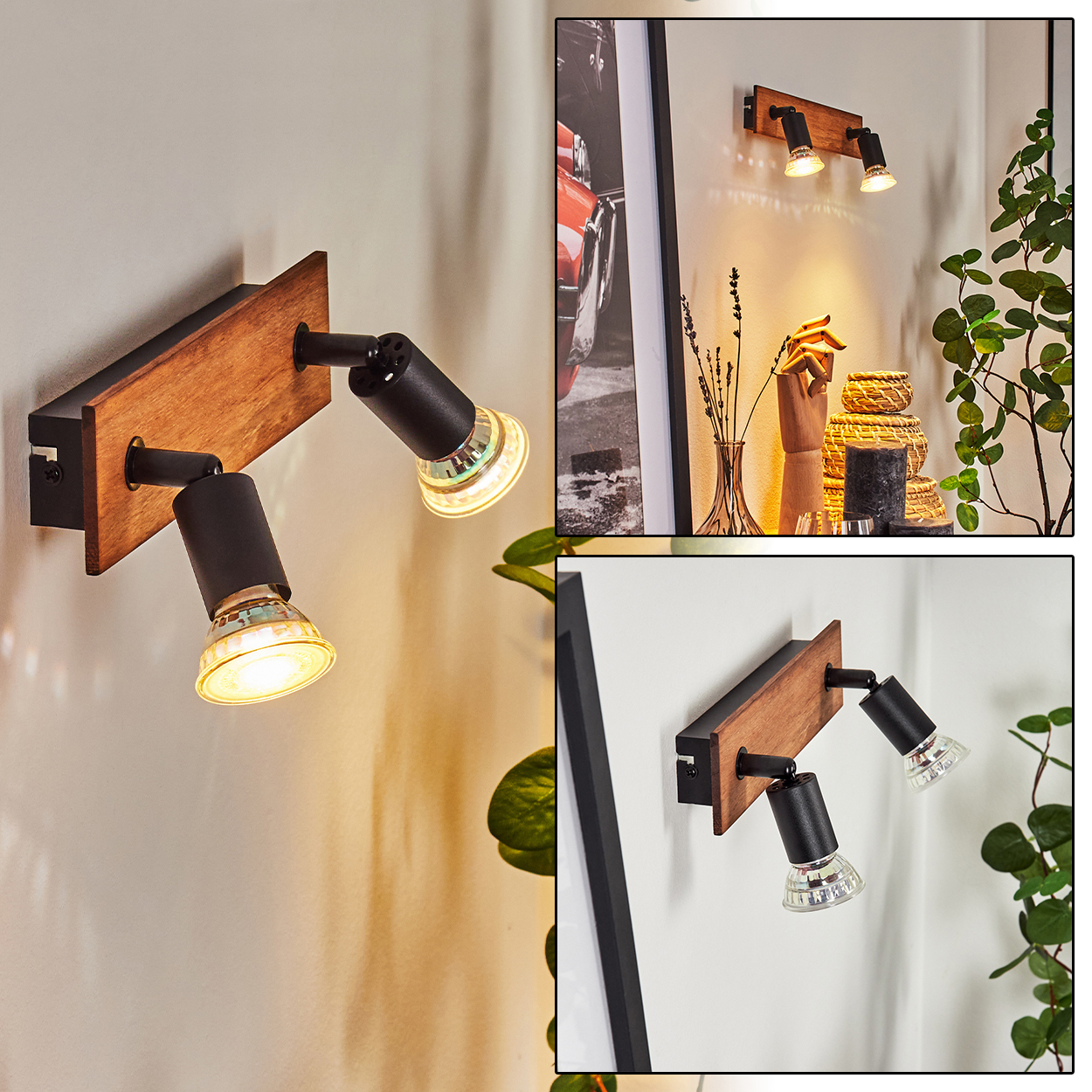 Ein Wandspot mit Holzbasis und zwei schwarzen Lampen mit Glühbirnen.