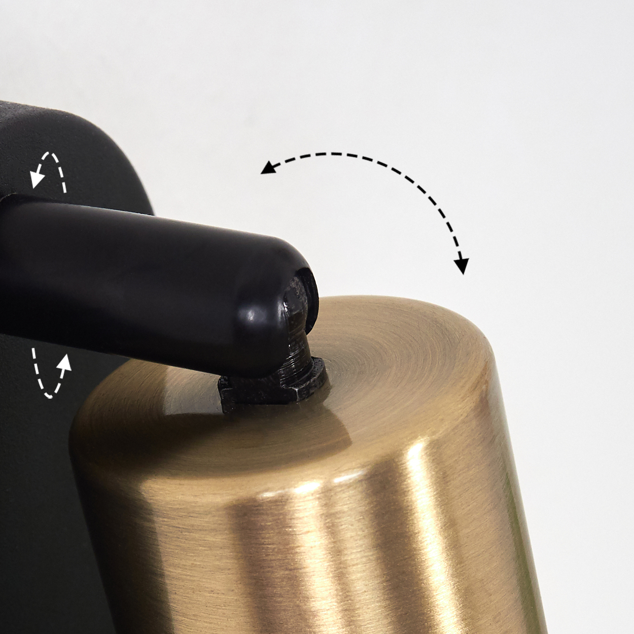 Schwarzer Arm verbindet sich mit goldener Zylinderbasis. Pfeile zeigen Bewegung an.