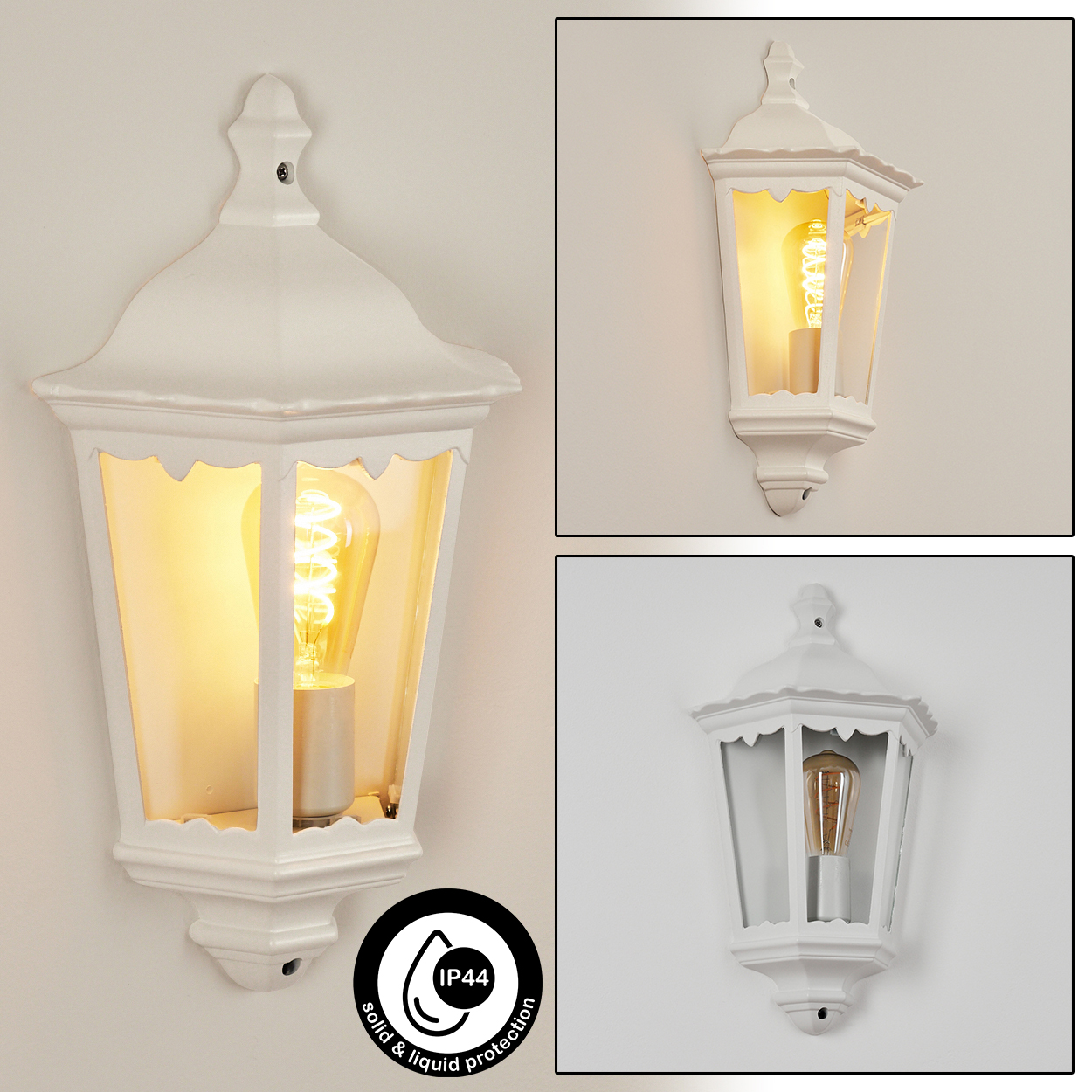 Eine weiße Wandleuchte im Laternenstil für den Außenbereich mit sichtbarer Glühfadenlampe.