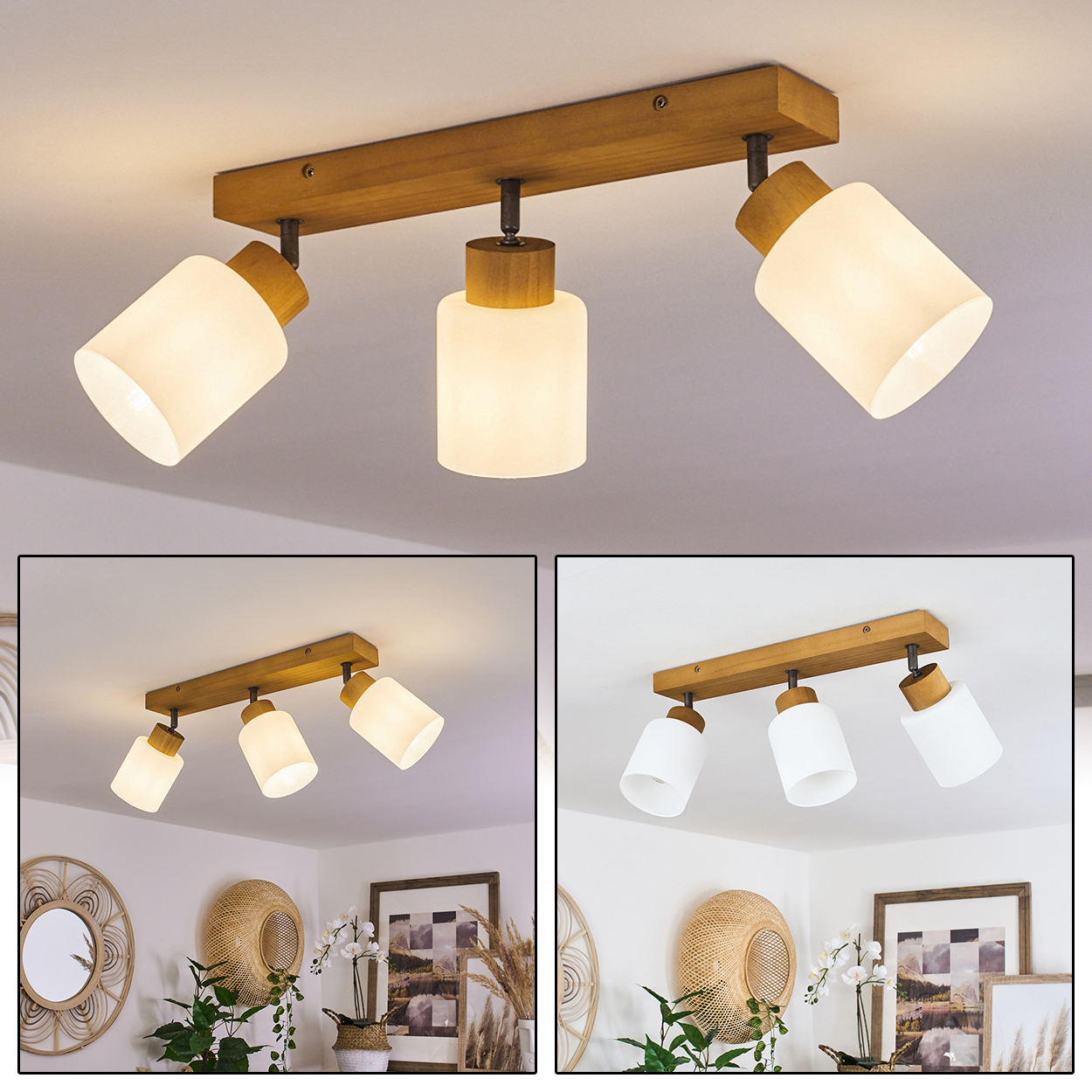 Deckenleuchte mit Holzsockel und drei zylindrischen Lampenschirmen aus Glas.