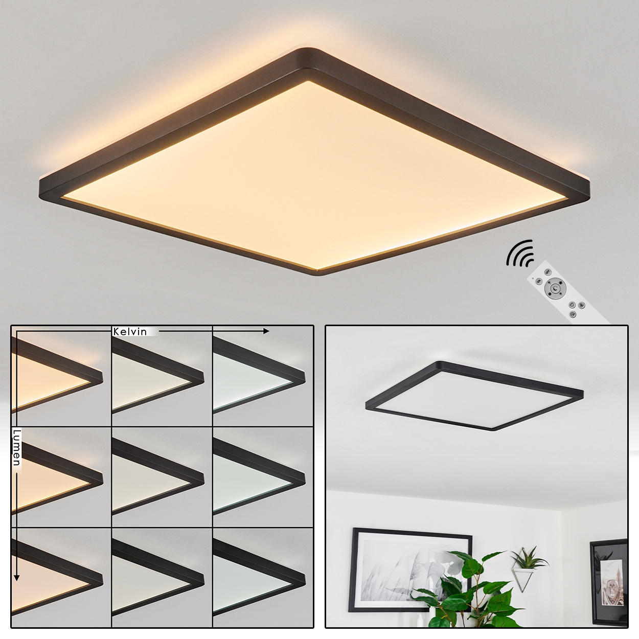 Moderne quadratische Deckenleuchte mit Fernbedienung und verschiedenen Lichteinstellungen.