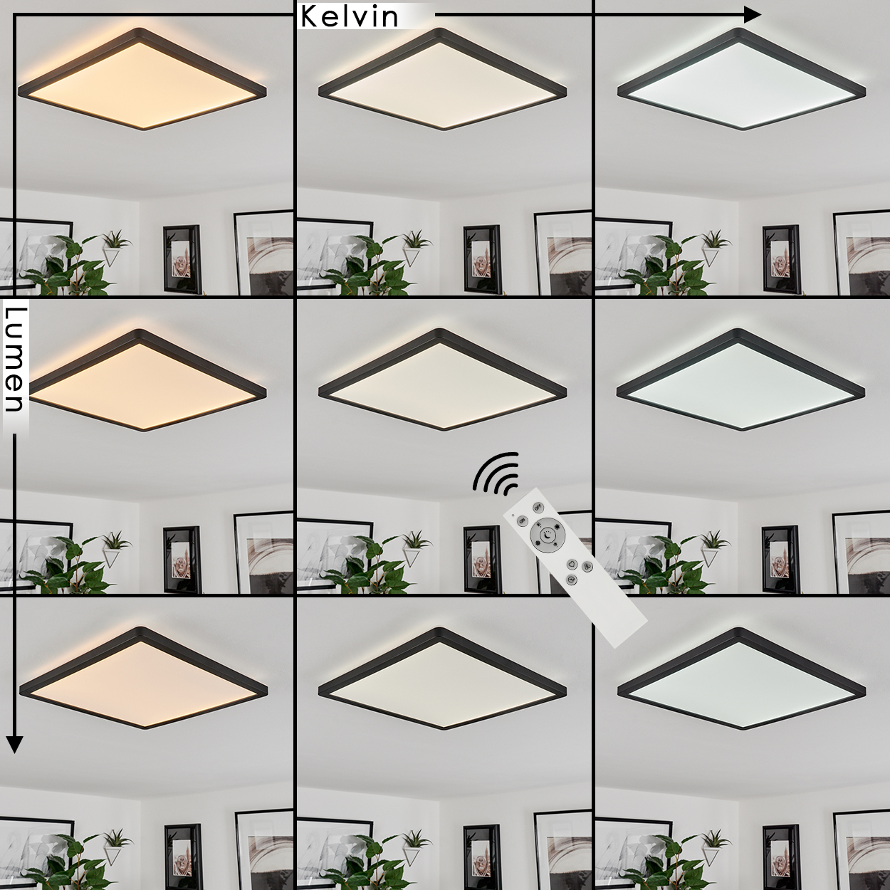 Moderne Deckenleuchte in verschiedenen Lichtfarben und Helligkeiten.