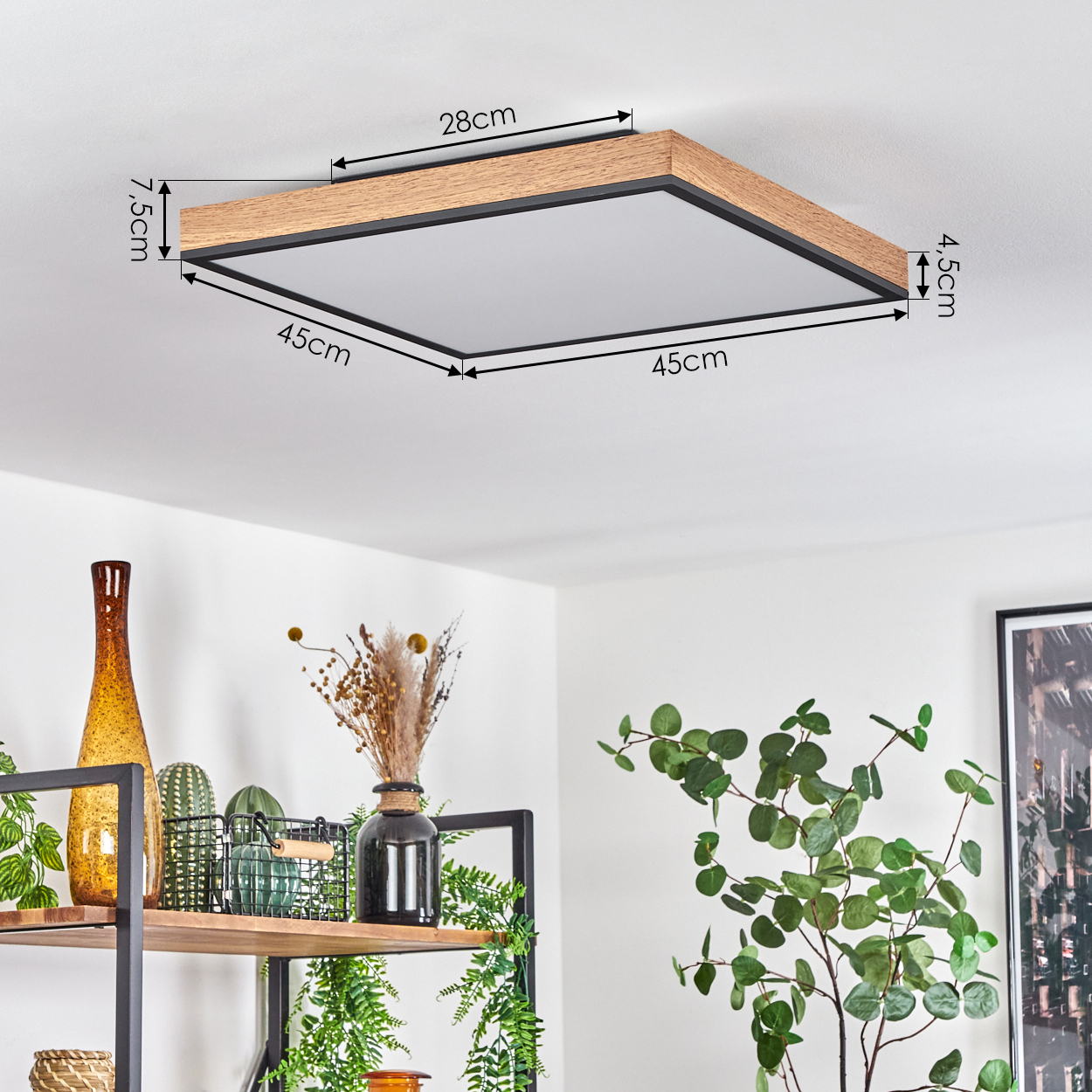 Ein quadratisches Deckenlicht mit Holzrahmen und Maßen.