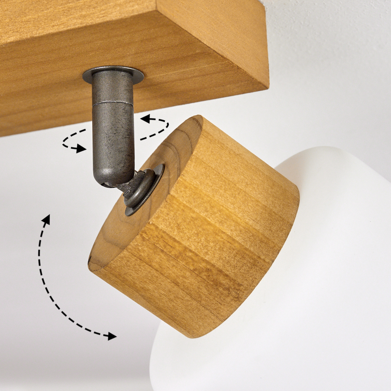 Holzlampe mit schwenkbarem Gelenk und Pfeilen, die die Bewegung anzeigen.