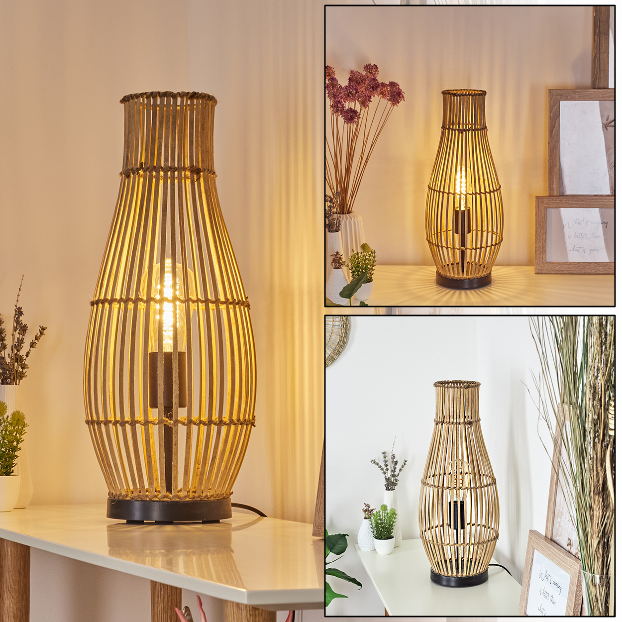 Eine Weidenlampe mit Glühbirne steht auf einem Regal.