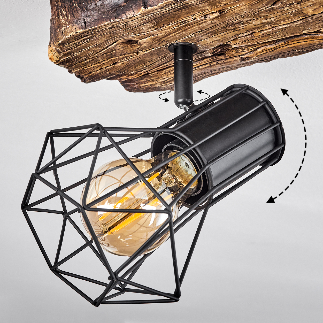 Deckenleuchte mit Drahtkäfig und Edison-Glühbirne, montiert an einem Holzimitat.
