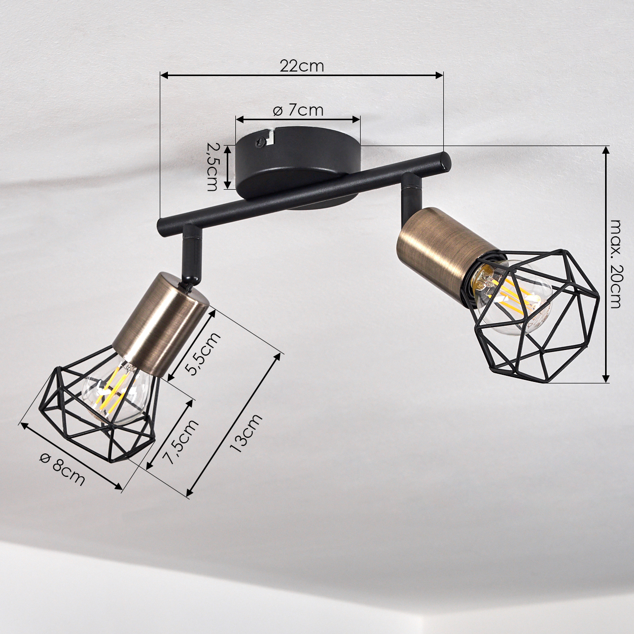 Schwarze Deckenleuchte mit zwei bronzenen Lampen, geometrischen Käfigen, Maße sichtbar.