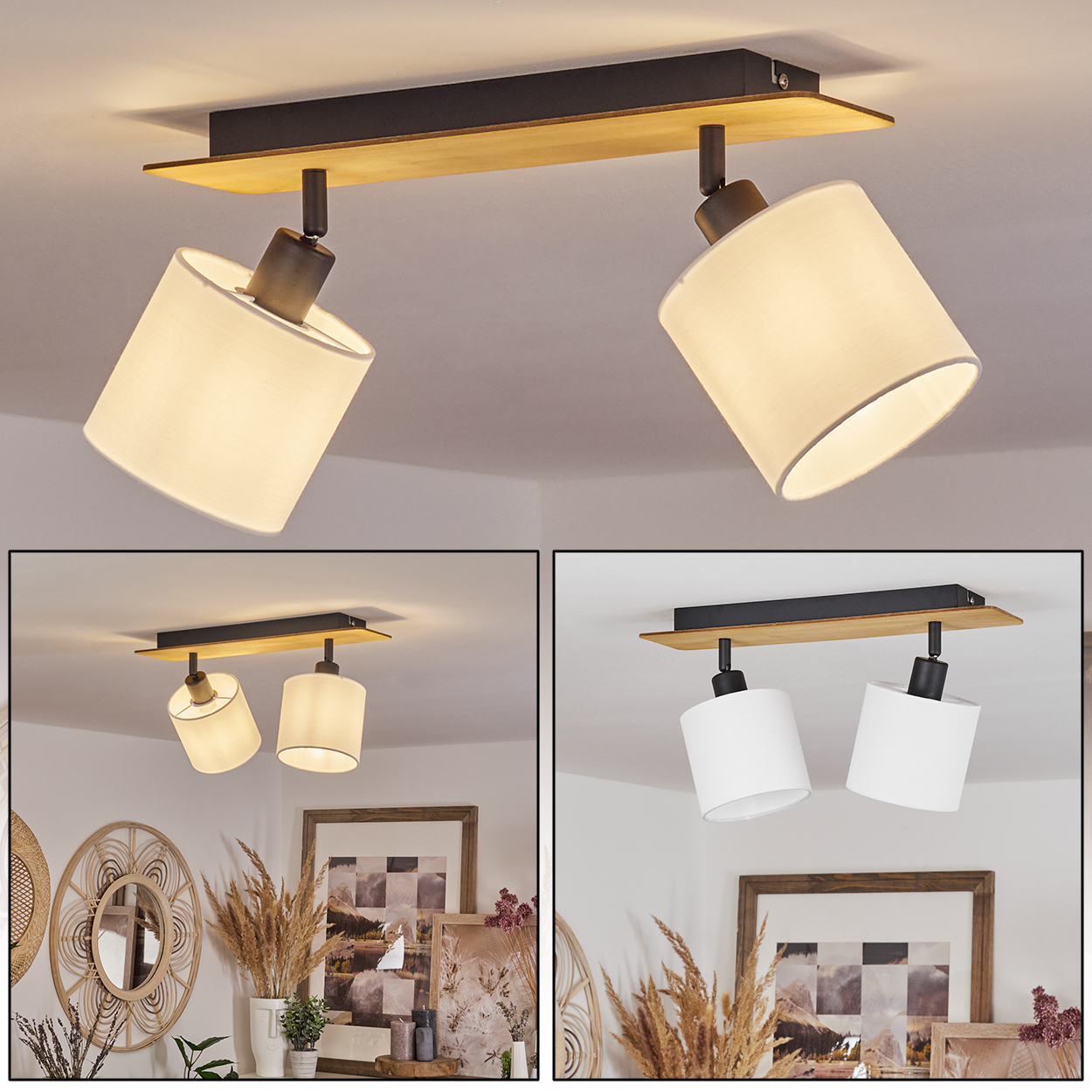 Zwei moderne Deckenstrahler mit Holz und schwarzem Metall, verstellbare Lampenschirme.
