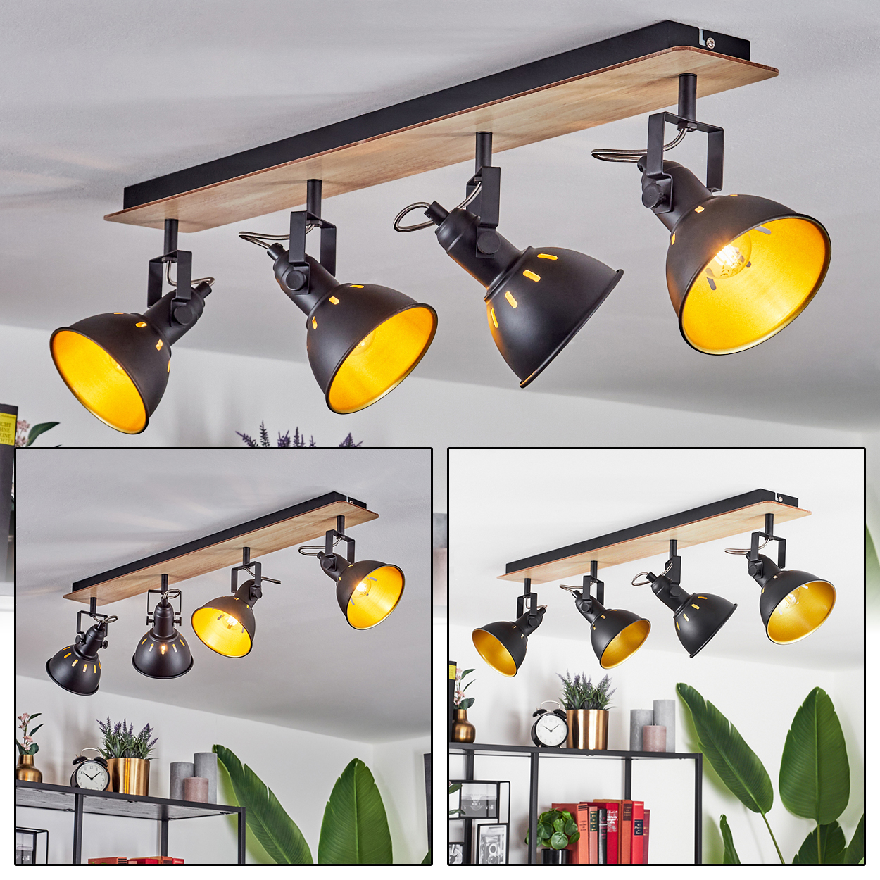 Schwarzer Deckenstrahler mit Holzbrett und vier gerichteten Lampen mit goldenen Innenseiten.