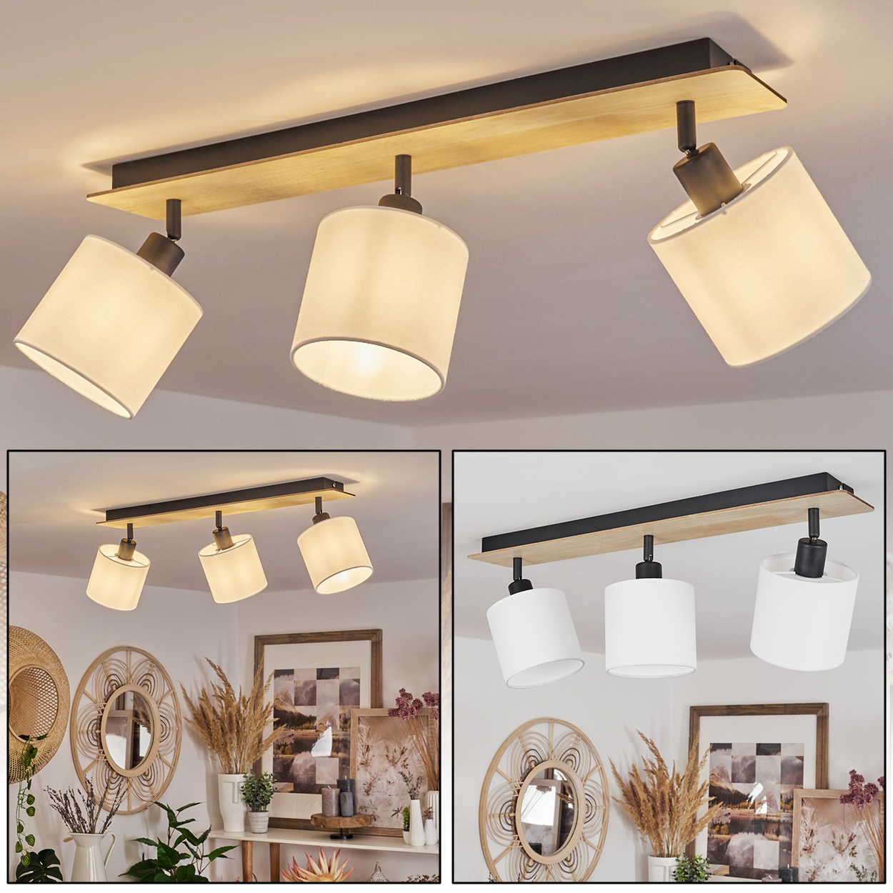 Deckenleuchte mit Holz und drei Lampenschirmen, im Wohnzimmer montiert.