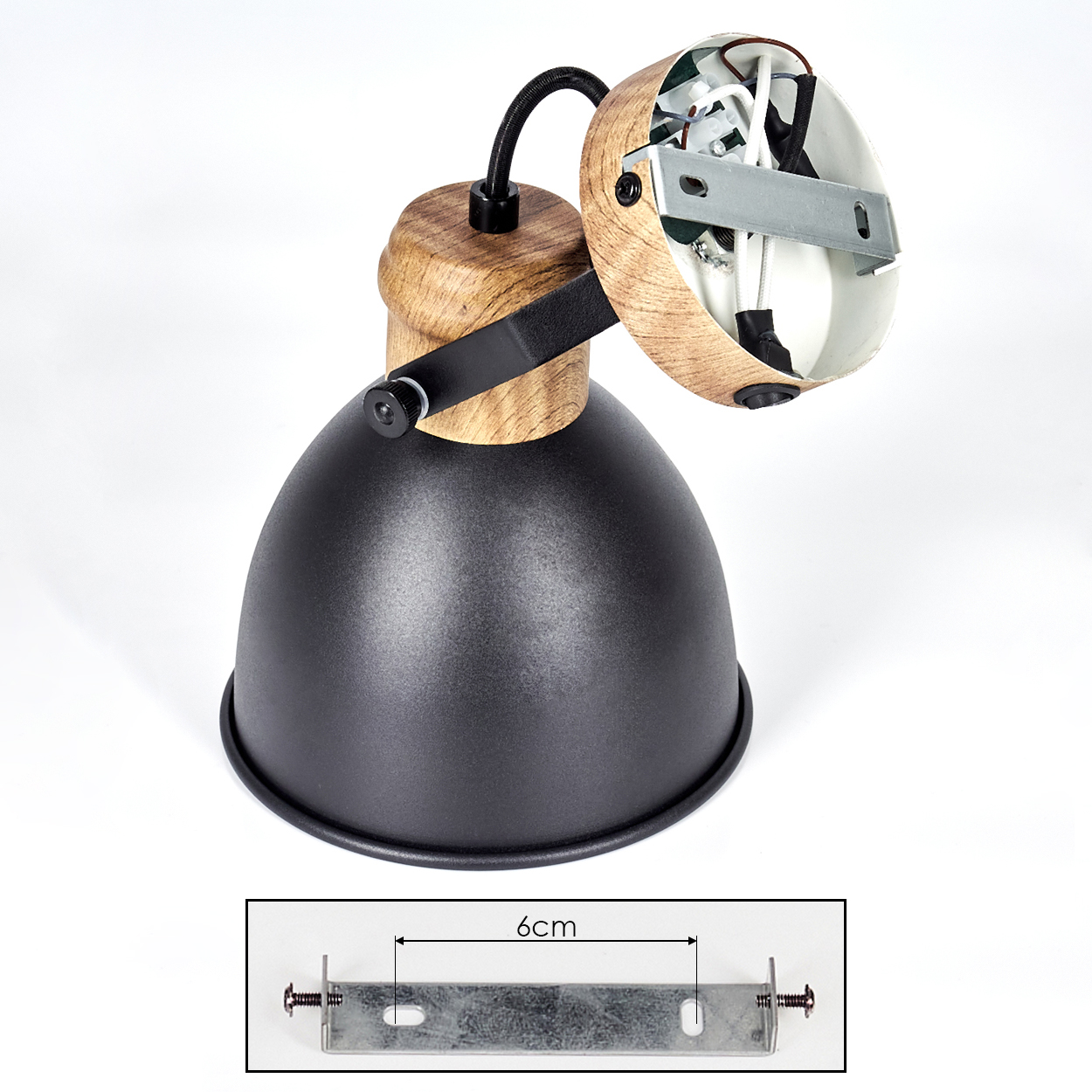 Schwarze Lampe mit Holzdetails und offenem Gehäuse, daneben eine 6cm Messung.