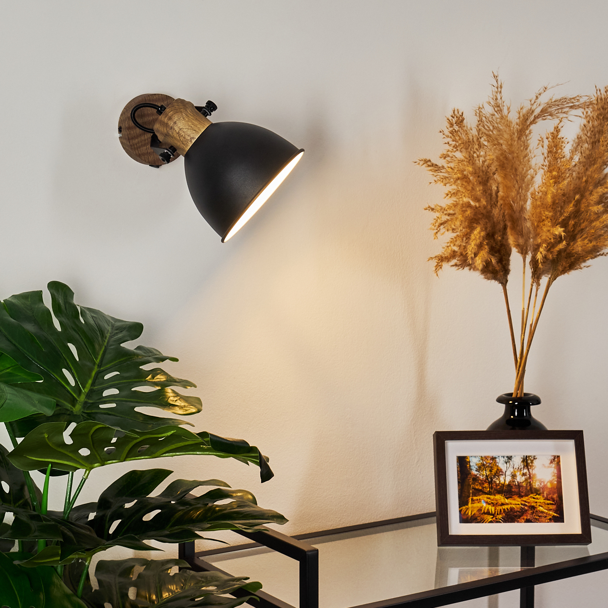 Ein schwarzer Wandspot mit Holzdetail leuchtet auf eine weiße Wand. Links eine Monstera, rechts getrocknete Gräser.