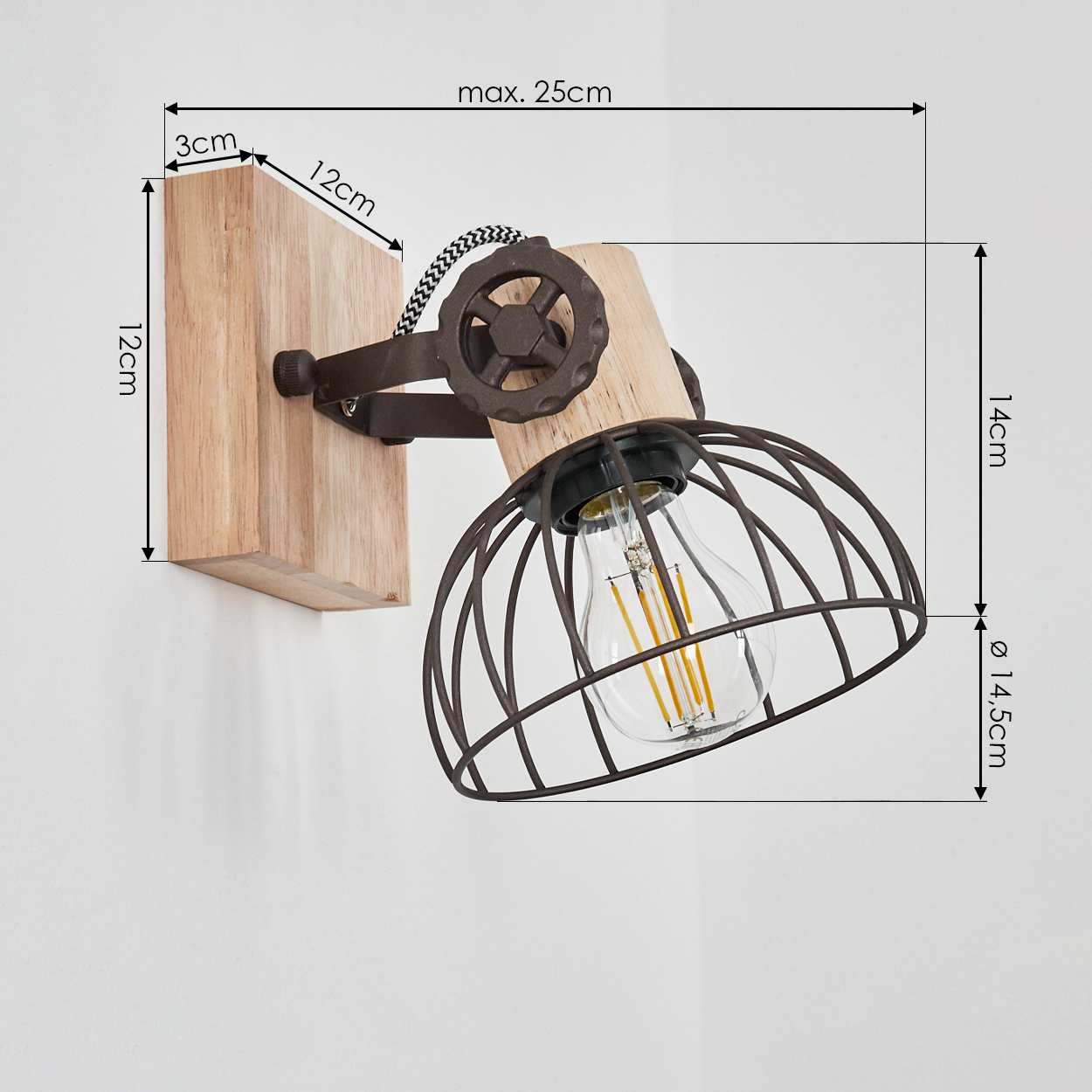 Wandleuchte mit Holzsockel, Metallkäfig und Glühbirne. Maße angegeben.